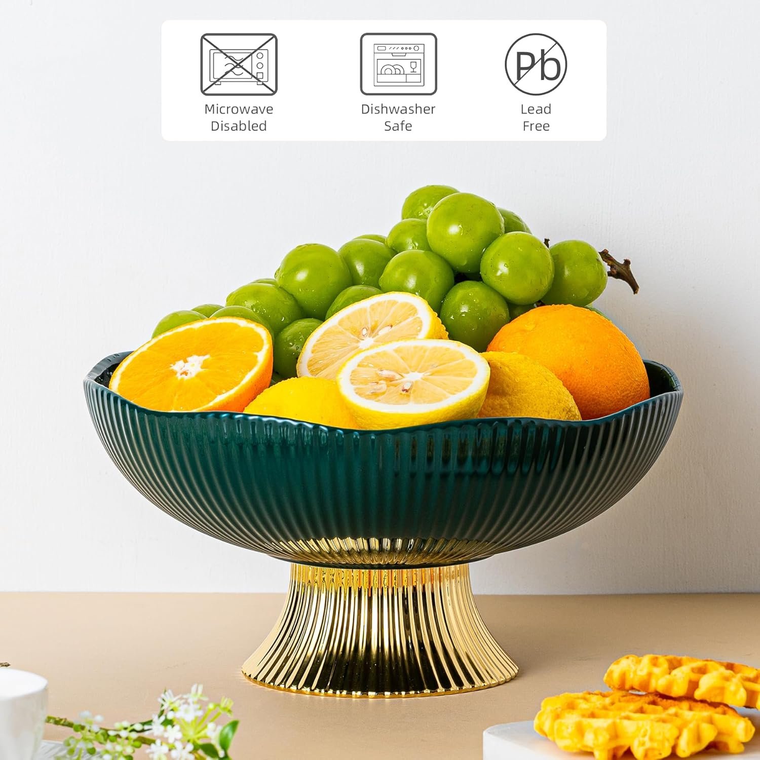 OEM 10-Inch Green Ceramic Pedestal Fruit Bowl with Golden Feet, Decorated Tray for Kitchen Counter, Dining Table, Tea Parties, Bread & Salad Factory