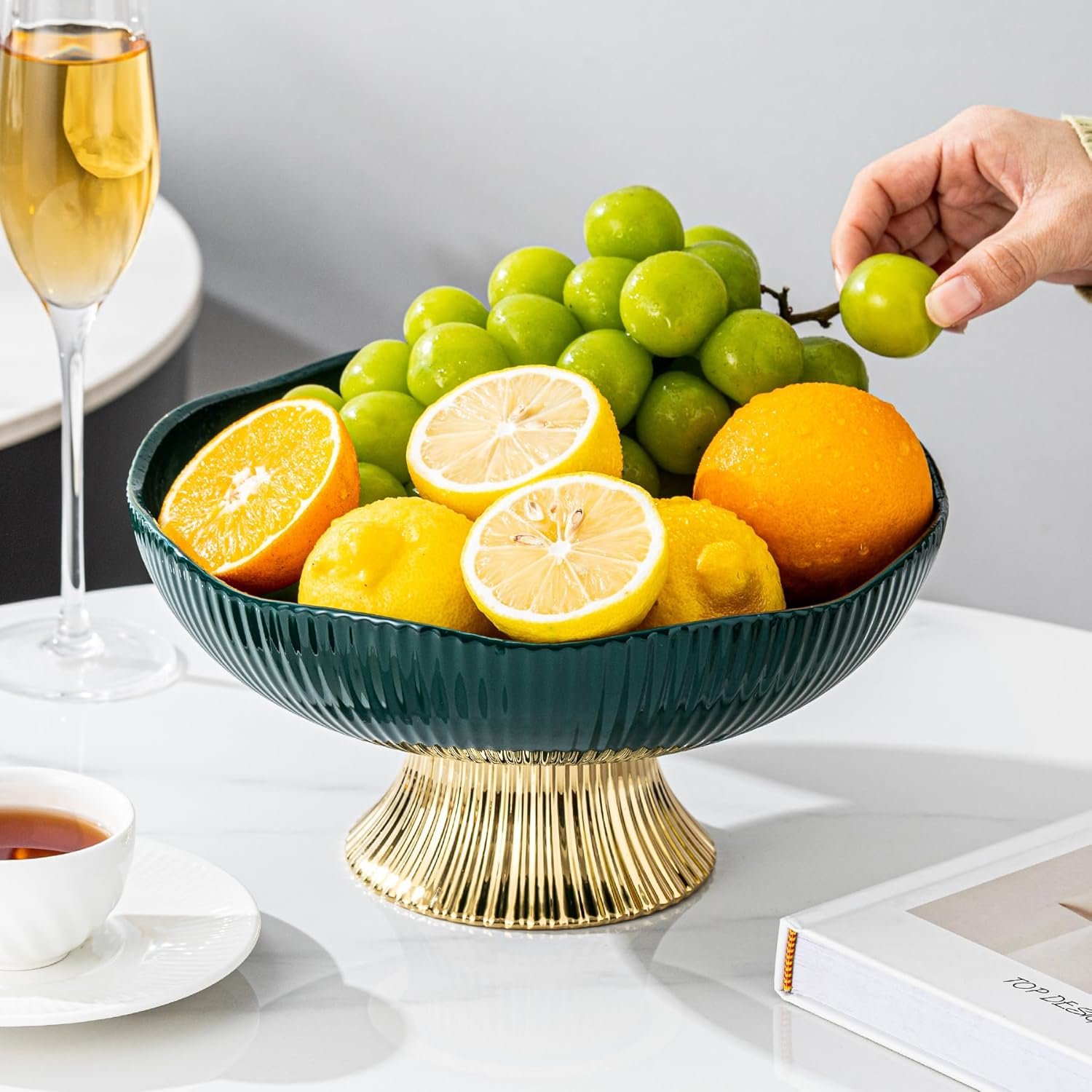 OEM 10-Inch Green Ceramic Pedestal Fruit Bowl with Golden Feet, Decorated Tray for Kitchen Counter, Dining Table, Tea Parties, Bread & Salad Factory