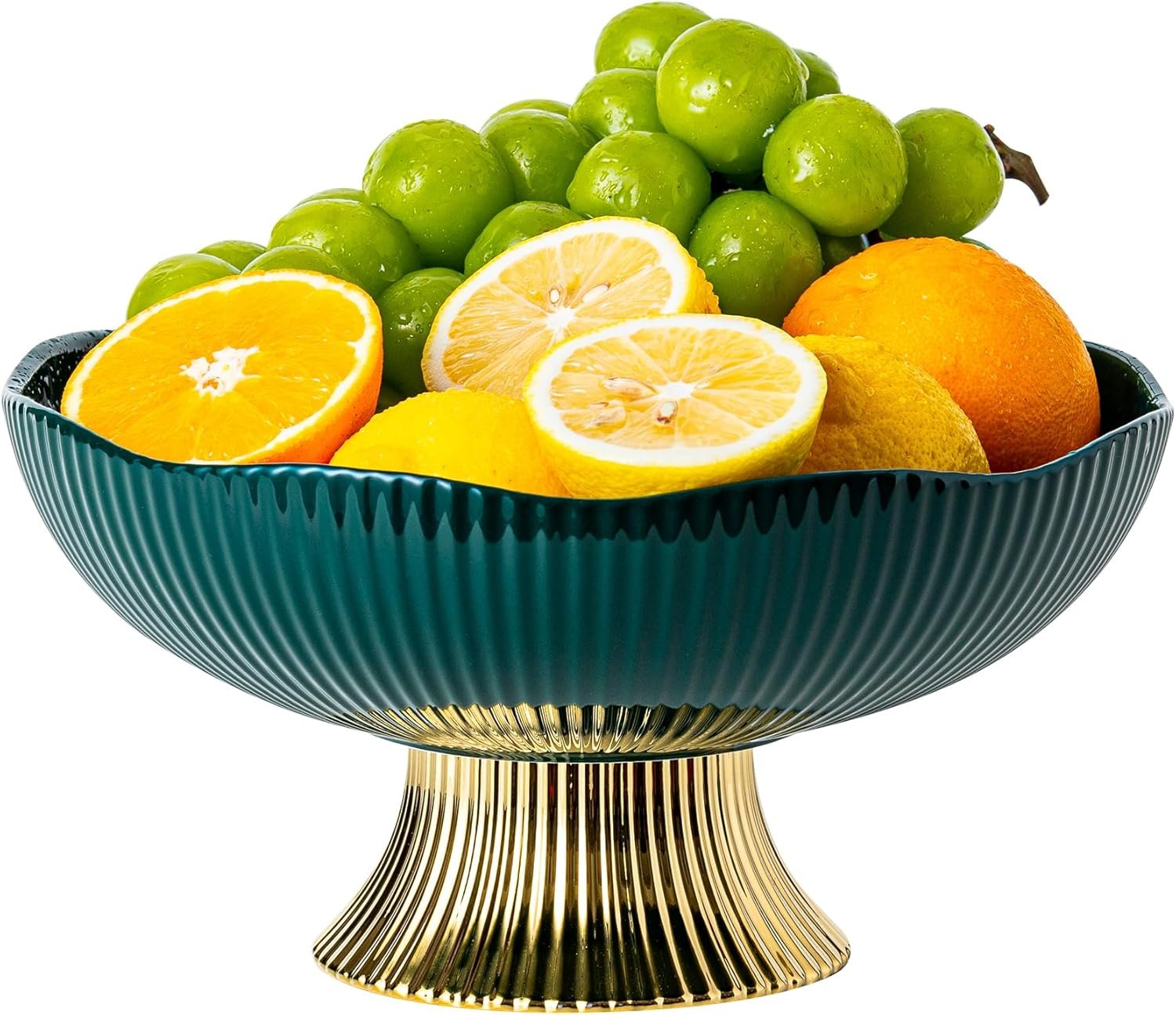 Ceramic Fruit Bowl,10” Pedestal Bowl, Decorated Fruit Tray for Kitchen Counter and Dining Table, Footed Bowls for Afternoon Tea Parties, Bread and Salad Bowl with Golden Feet. (green)