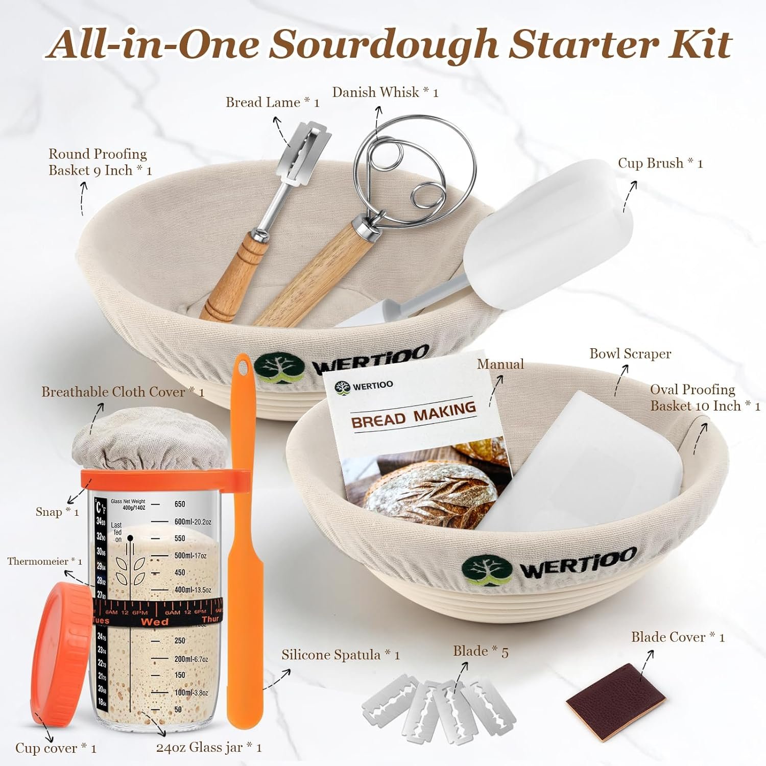 OEM Sourdough Starter Kit with 2 x 9-Inch Round Banneton Proofing Baskets 24-Oz Glass Jar Danish Dough Whisk Scraper Baking Tools Factory