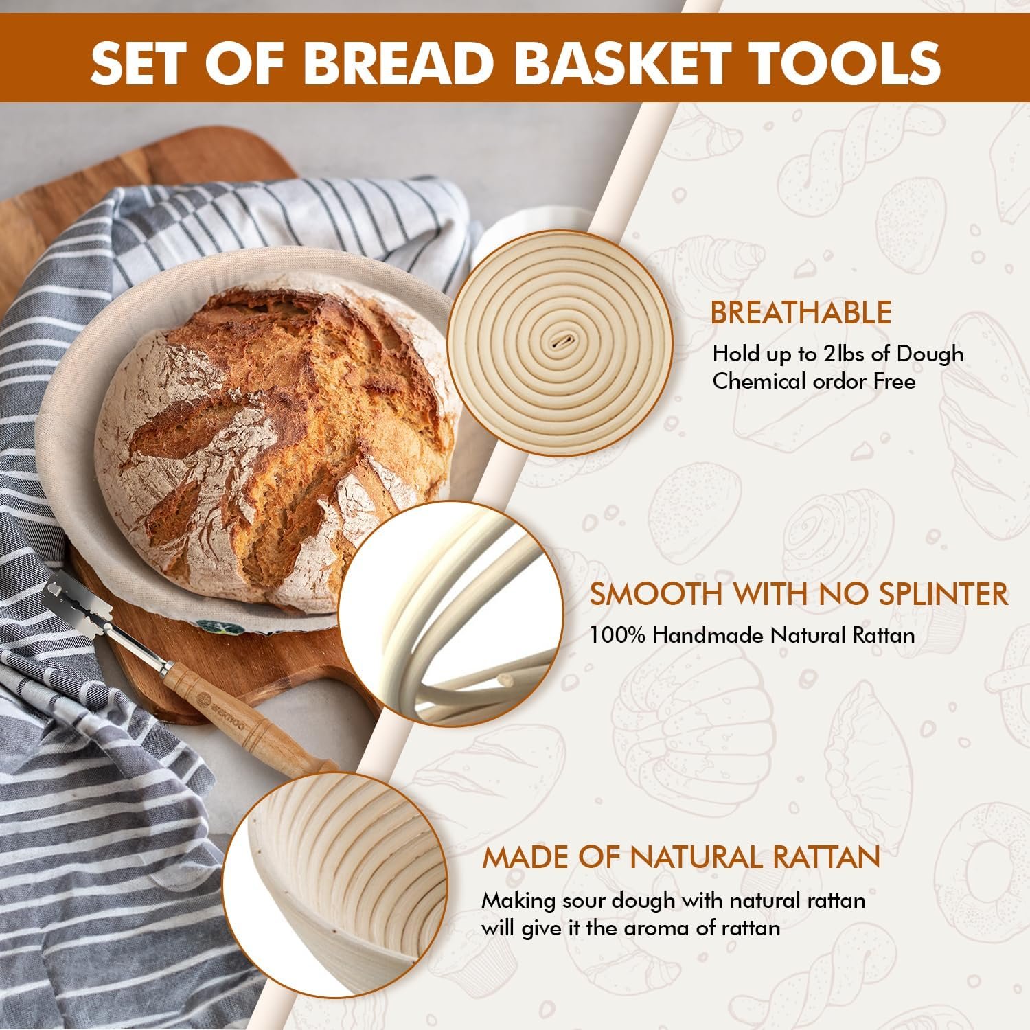 OEM Sourdough Starter Kit with 2 x 9-Inch Round Banneton Proofing Baskets 24-Oz Glass Jar Danish Dough Whisk Scraper Baking Tools Factory