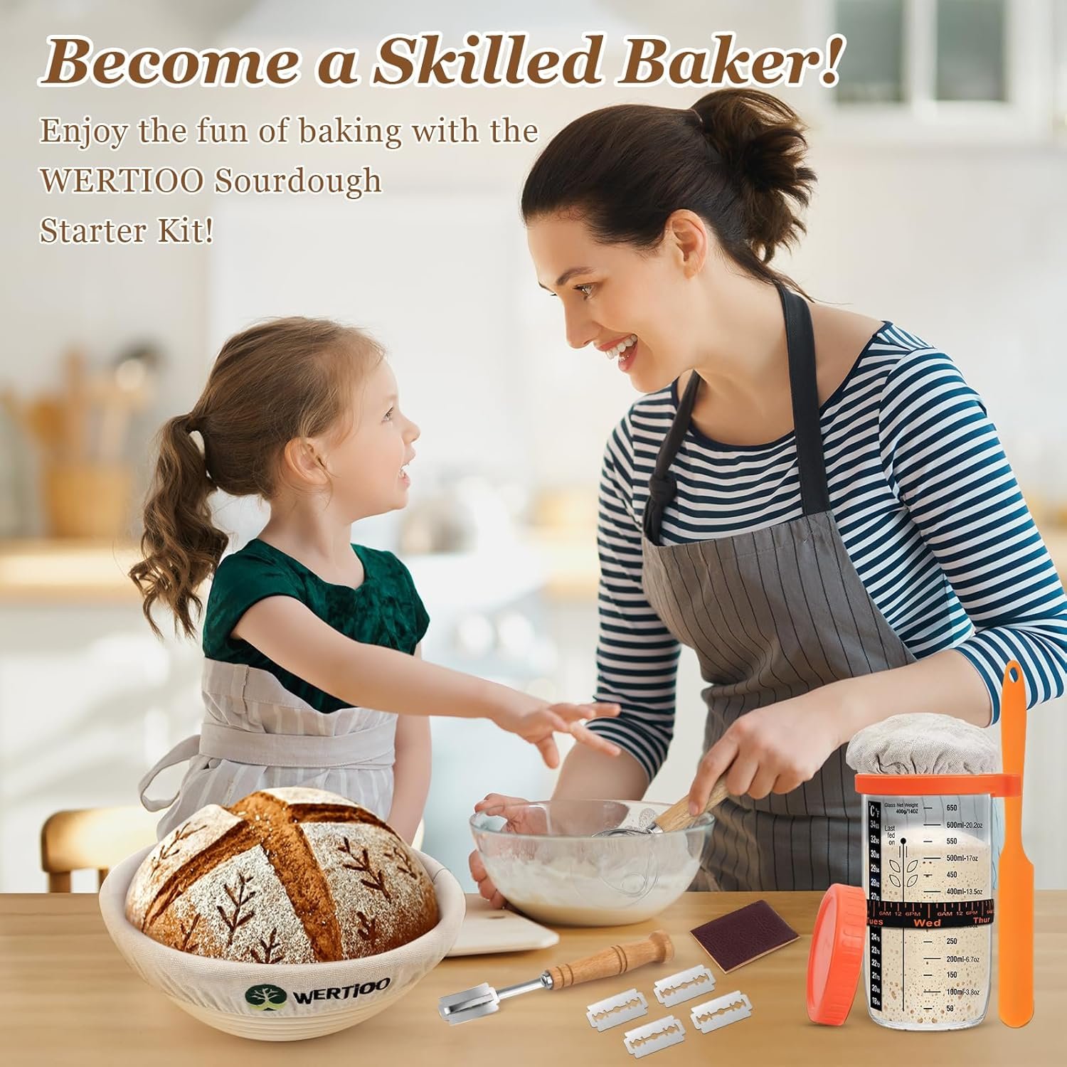 OEM Sourdough Starter Kit with 2 x 9-Inch Round Banneton Proofing Baskets 24-Oz Glass Jar Danish Dough Whisk Scraper Baking Tools Factory