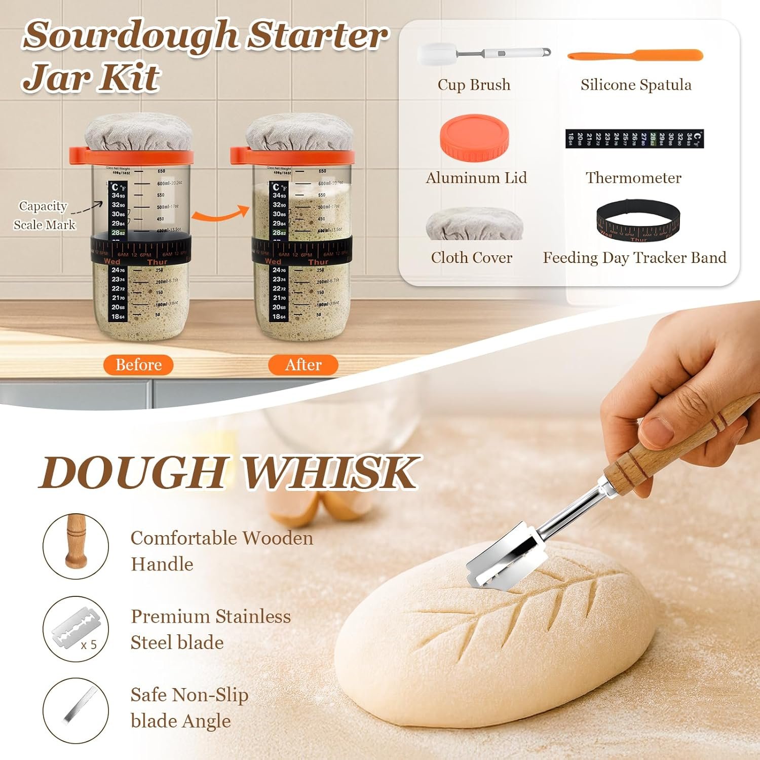 OEM Sourdough Starter Kit with 2 x 9-Inch Round Banneton Proofing Baskets 24-Oz Glass Jar Danish Dough Whisk Scraper Baking Tools Factory