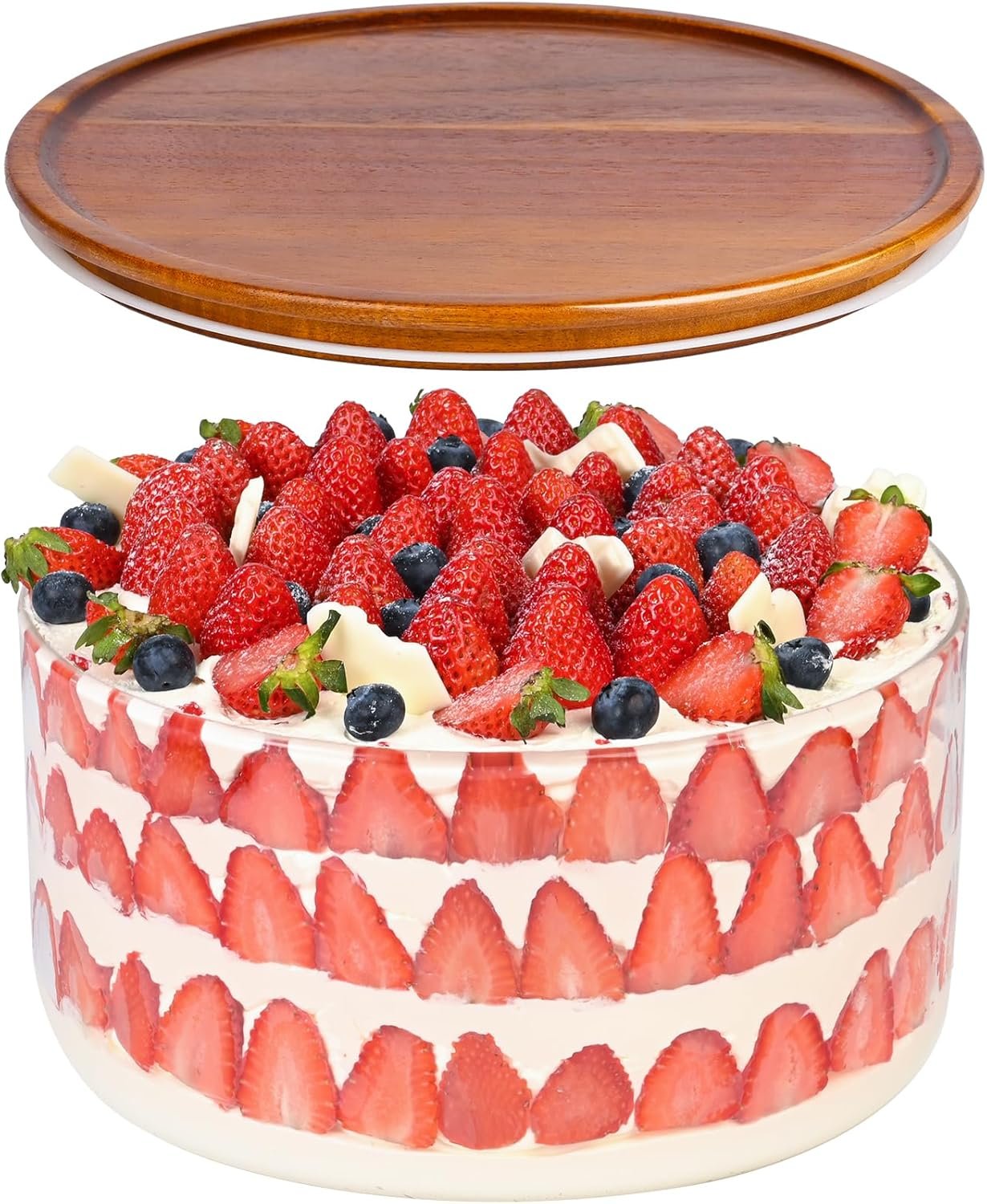 197 oz Large Glass Salad Bowl with Acacia Wood Lid - Glass Trifle Bowl, Versatile Serving Bowls for Cake, Salad, Fruit, Baking, Dessert, Meal Prep, Storing, Microwave & Oven Safe, BPA Free