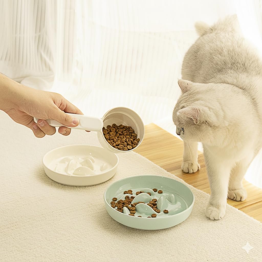 OEM Anti-Bloat Ceramic Slow Feeder Bowl Fish Pool Design Interactive Puzzle for Cats Small Dogs Food-Safe Porcelain Healthy Eating Dish Green Factory