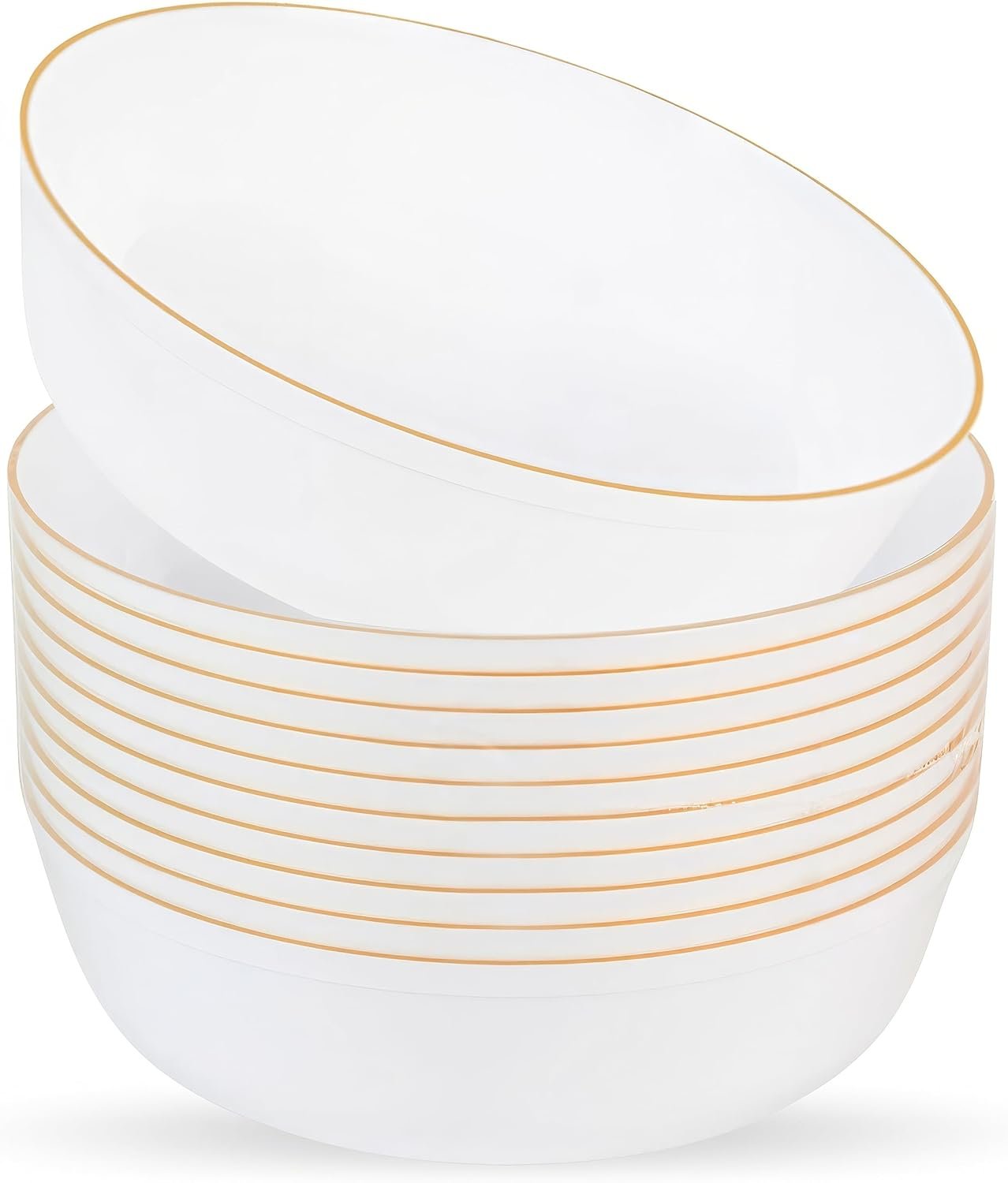 Edge White With Gold Rim Bowls - 16 oz (10 Count) Disposable Round Plastic Bowls for Parties, Events & Special Occasions