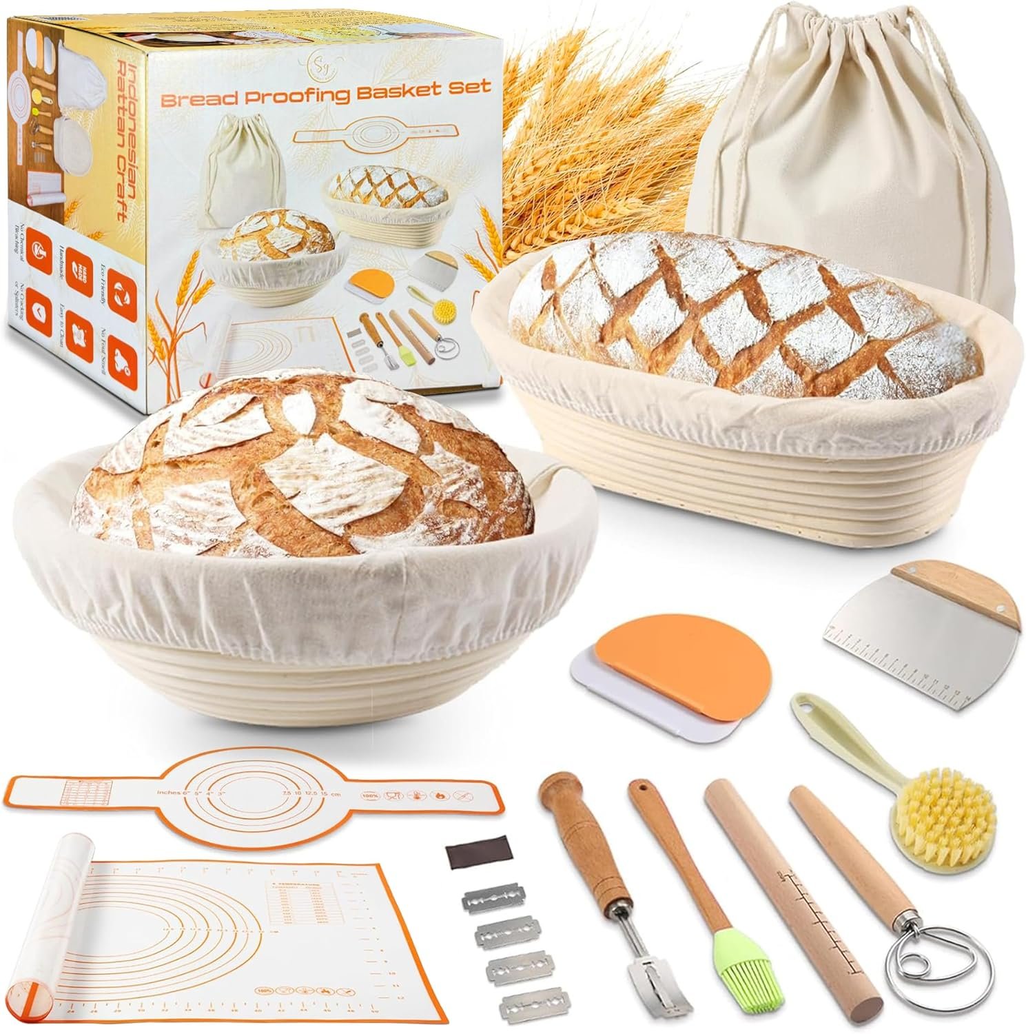Banneton Bread Proofing Basket Set, 9" Round & 10" Oval Bread Baskets with Liners, Sourdough Starter Kit, Bread Making Tools, Natural Rattan Proofing Bowls for Home Bakers