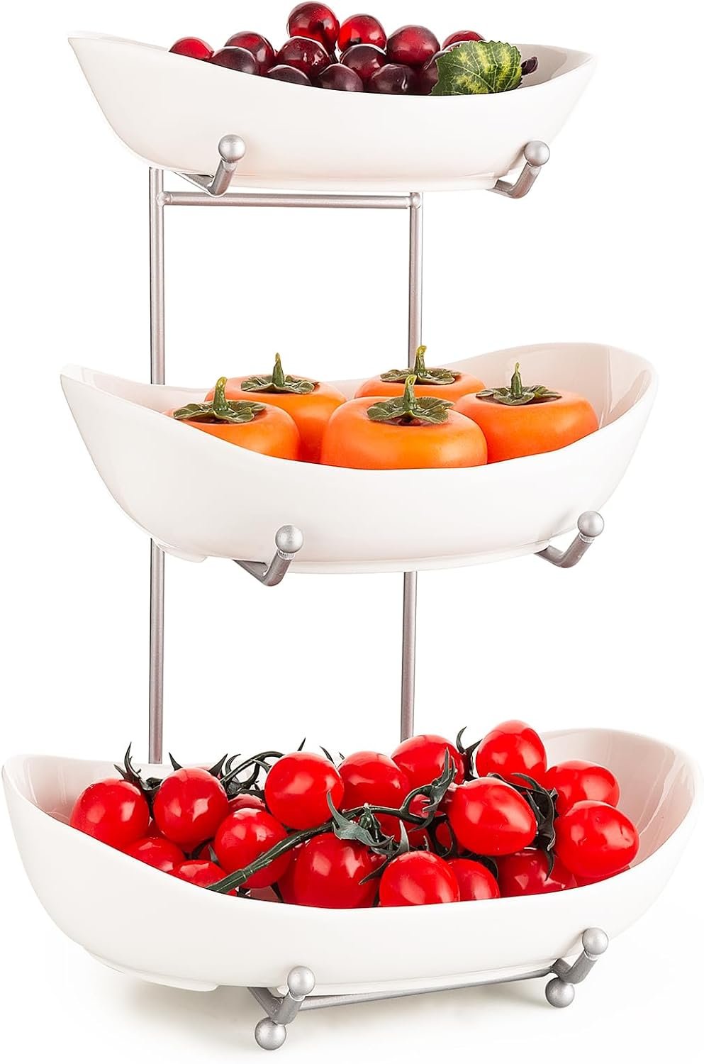OEM 3-Tier White Ceramic Fruit Basket for Kitchen Countertop Vegetable Snacks Nuts Storage Rack with Holder Factory