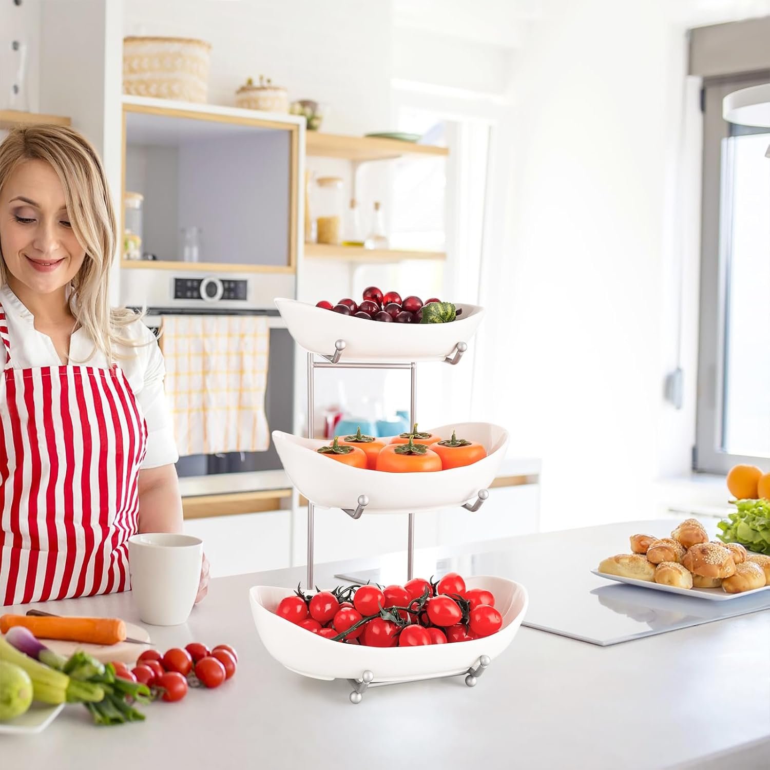 OEM 3-Tier White Ceramic Fruit Basket for Kitchen Countertop Vegetable Snacks Nuts Storage Rack with Holder Factory