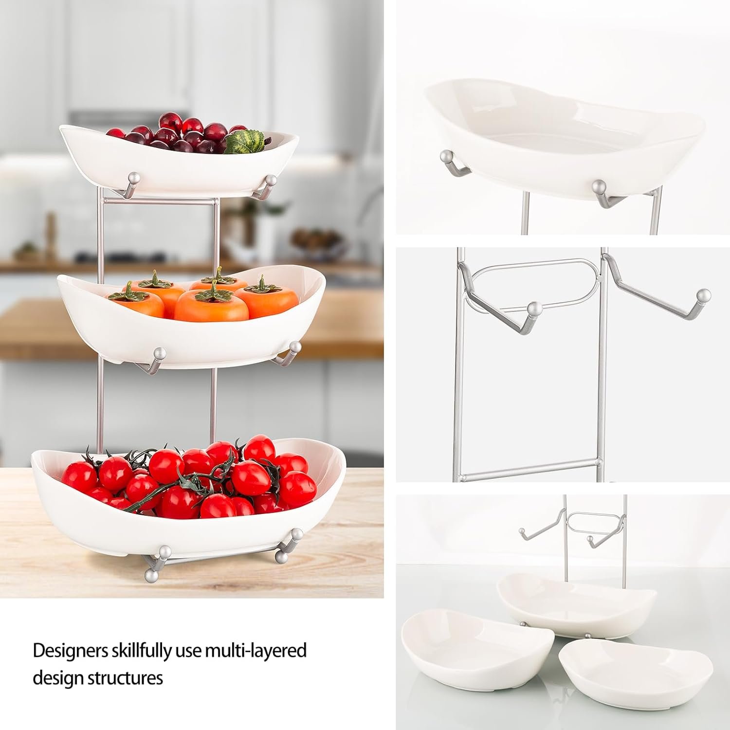 OEM 3-Tier White Ceramic Fruit Basket for Kitchen Countertop Vegetable Snacks Nuts Storage Rack with Holder Factory