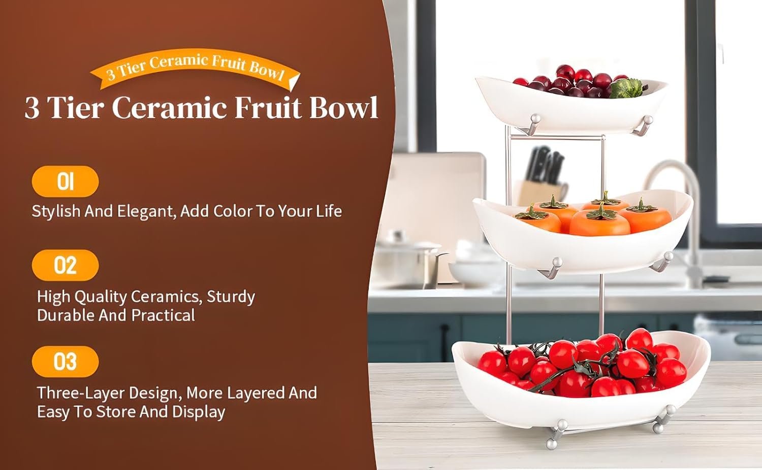 OEM 3-Tier White Ceramic Fruit Basket for Kitchen Countertop Vegetable Snacks Nuts Storage Rack with Holder Factory