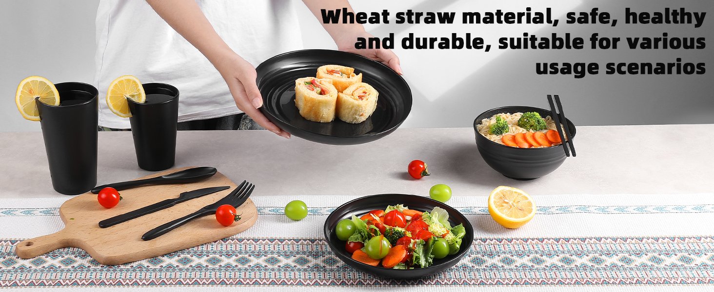 Wholesale 72-Piece Unbreakable Wheat Straw Dinnerware Set for 8 Reusable Plastic Plates Bowls Cups Microwave Dishwasher Safe Black for Kitchen Camping Outdoor Dorm Manufacturer