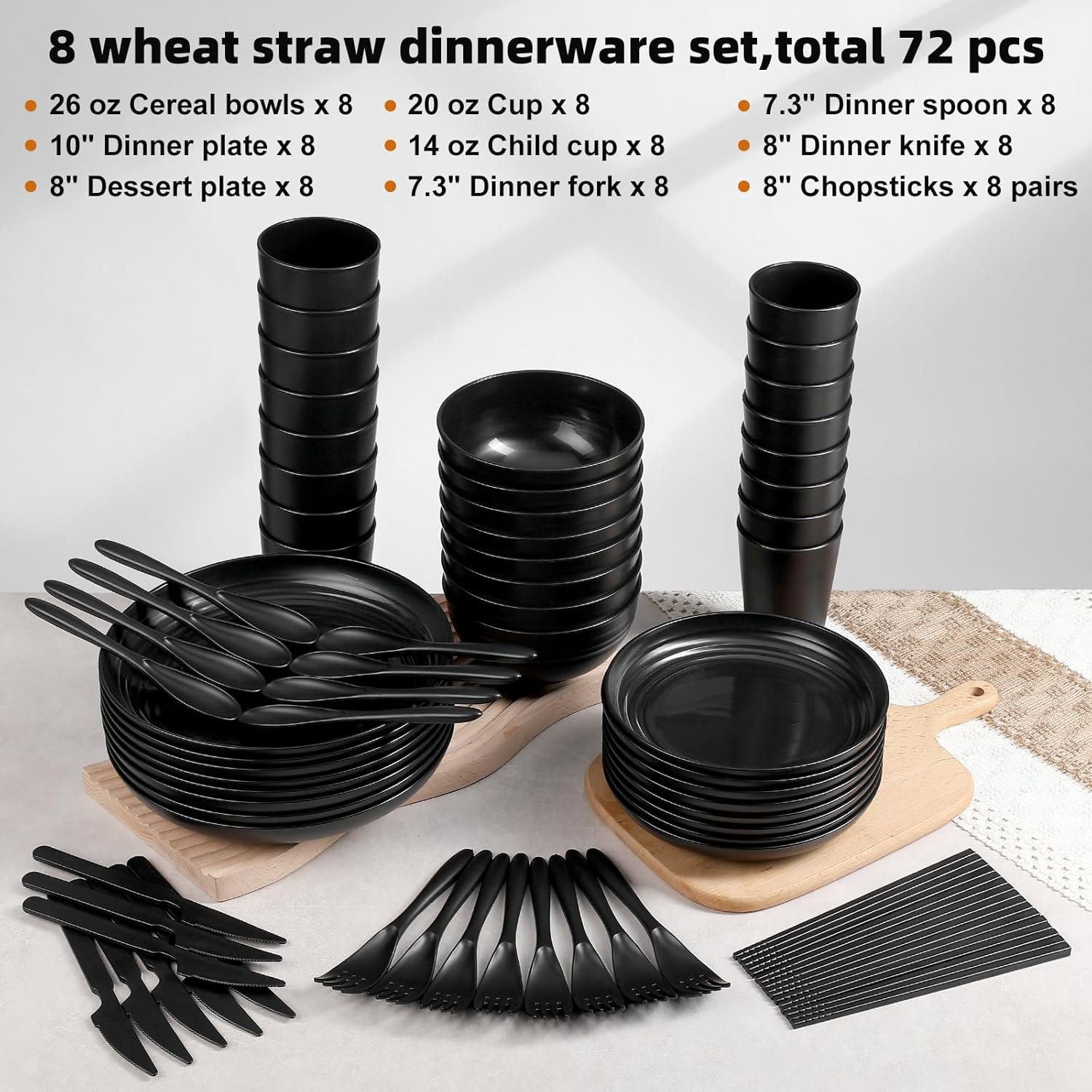 Wholesale 72-Piece Unbreakable Wheat Straw Dinnerware Set for 8 Reusable Plastic Plates Bowls Cups Microwave Dishwasher Safe Black for Kitchen Camping Outdoor Dorm Manufacturer