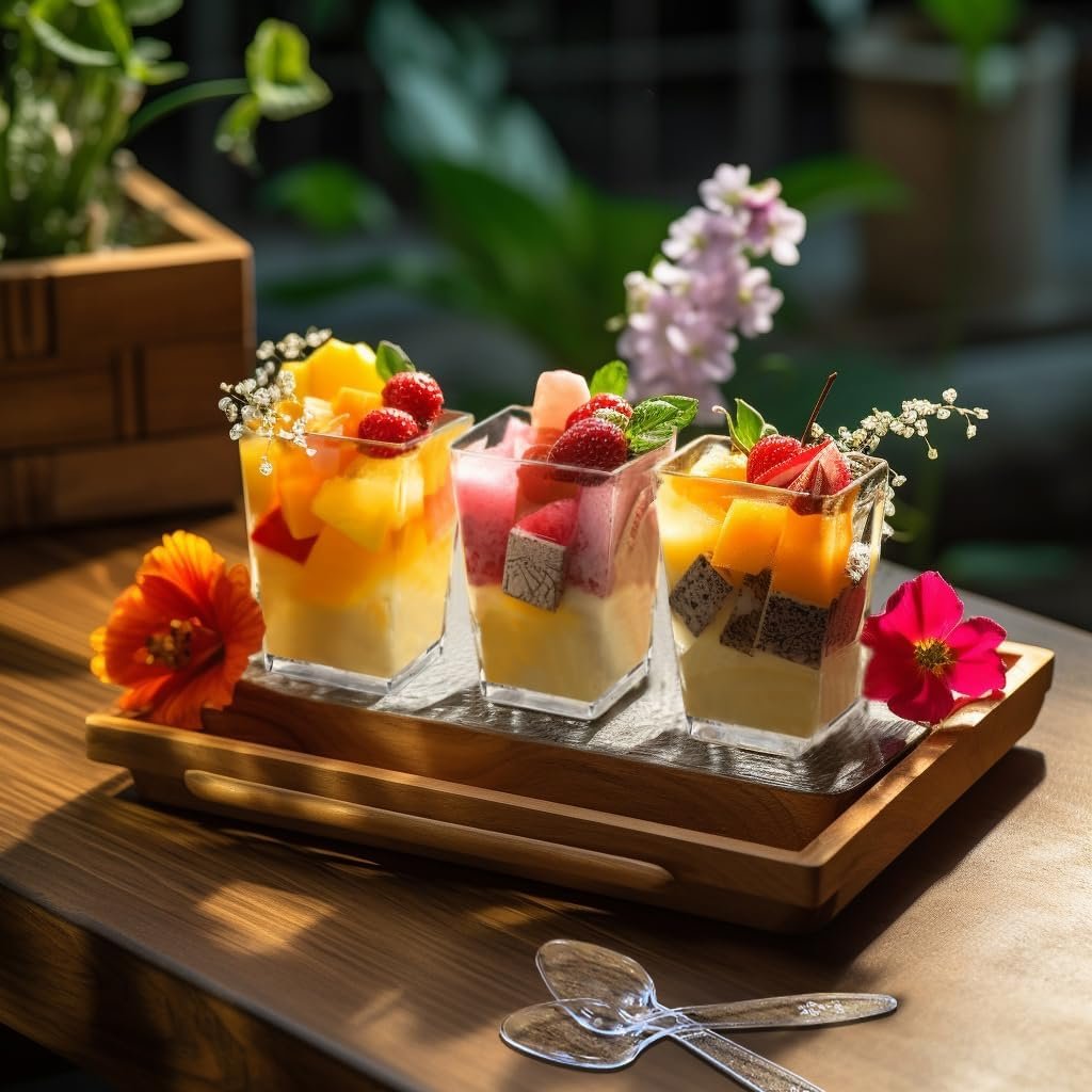 Wholesale 50-Pack 5oz Clear Plastic Dessert Cups with Lids and Spoons Reusable Square Parfait Appetizer Shot Glasses for Parties Trifle Tasting Factory