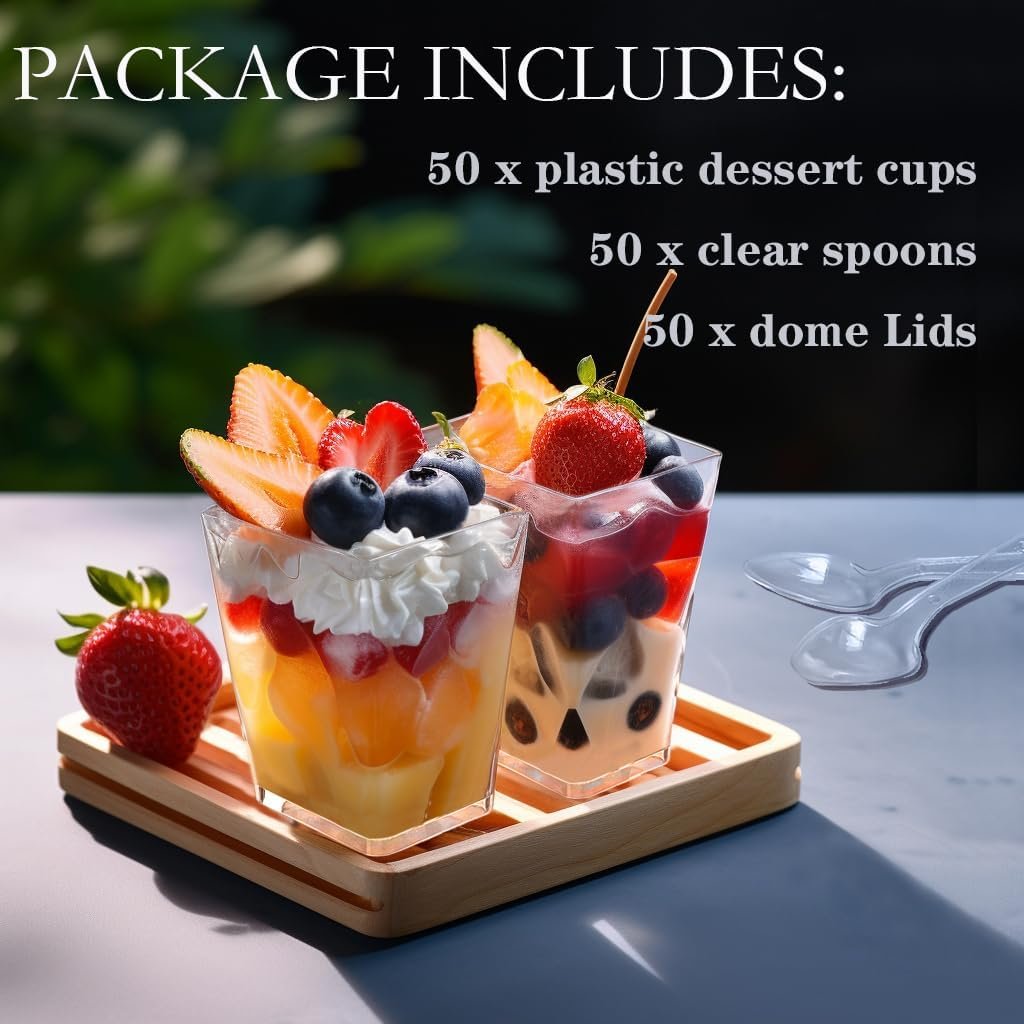 Wholesale 50-Pack 5oz Clear Plastic Dessert Cups with Lids and Spoons Reusable Square Parfait Appetizer Shot Glasses for Parties Trifle Tasting Factory