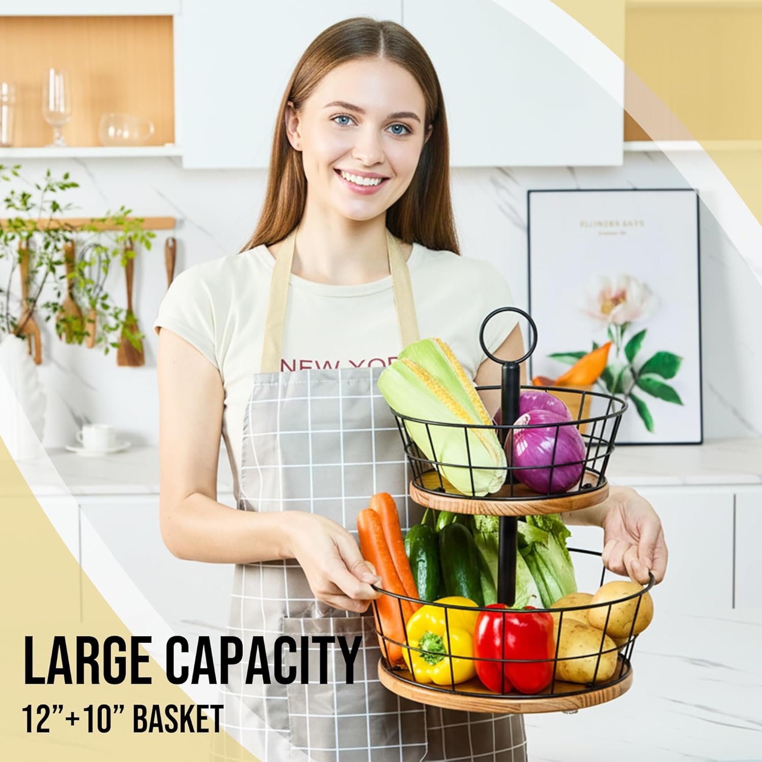 OEM 2 Tier Fruit Bowl Sturdy Iron Wire Basket with Wood Base 12 Inch Large Size for Kitchen Counter Anti-Slip Silicone Pads Vegetable Storage Solution Factory