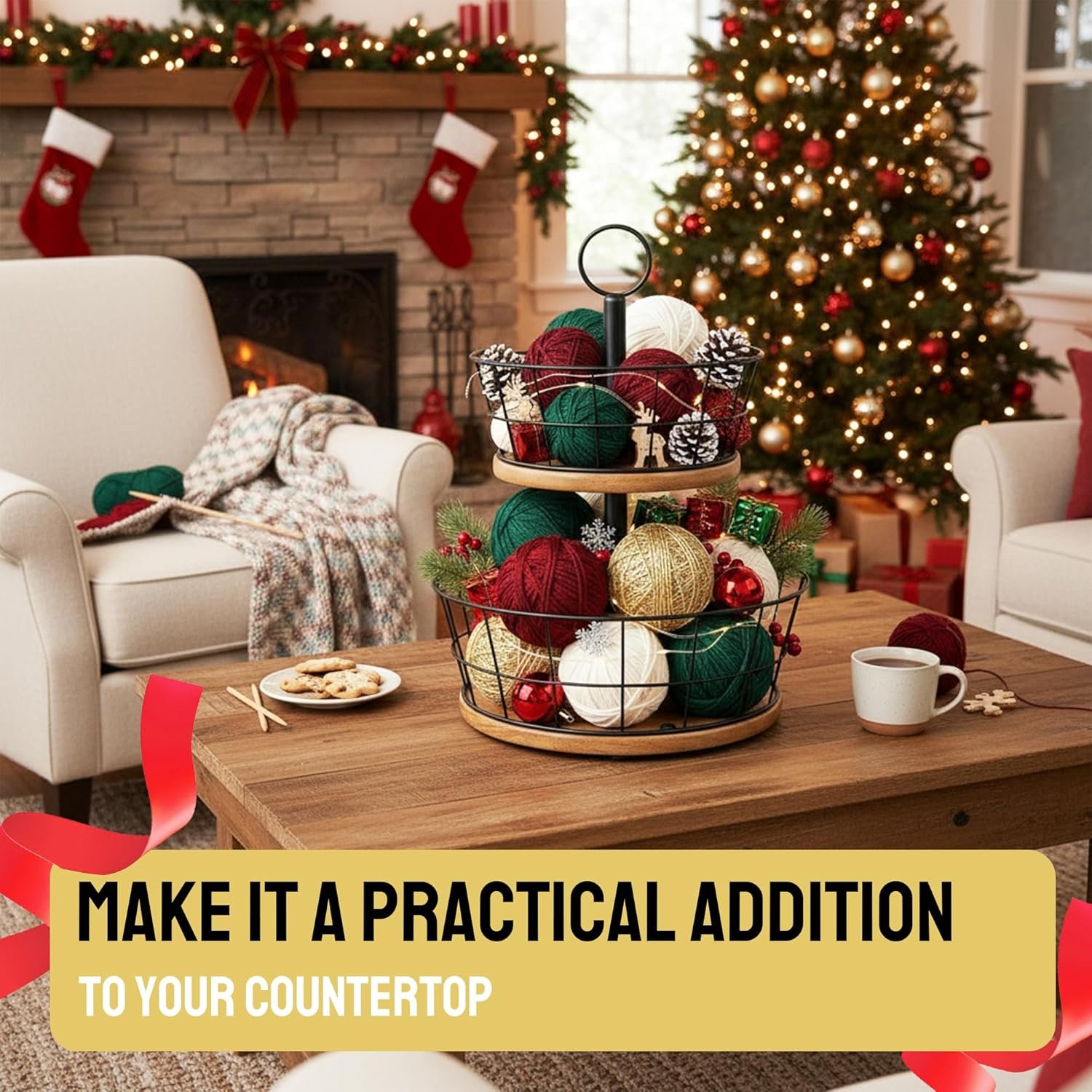 OEM 2 Tier Fruit Bowl Sturdy Iron Wire Basket with Wood Base 12 Inch Large Size for Kitchen Counter Anti-Slip Silicone Pads Vegetable Storage Solution Factory