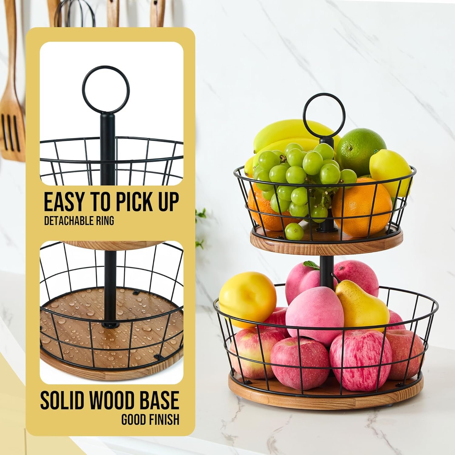OEM 2 Tier Fruit Bowl Sturdy Iron Wire Basket with Wood Base 12 Inch Large Size for Kitchen Counter Anti-Slip Silicone Pads Vegetable Storage Solution Factory