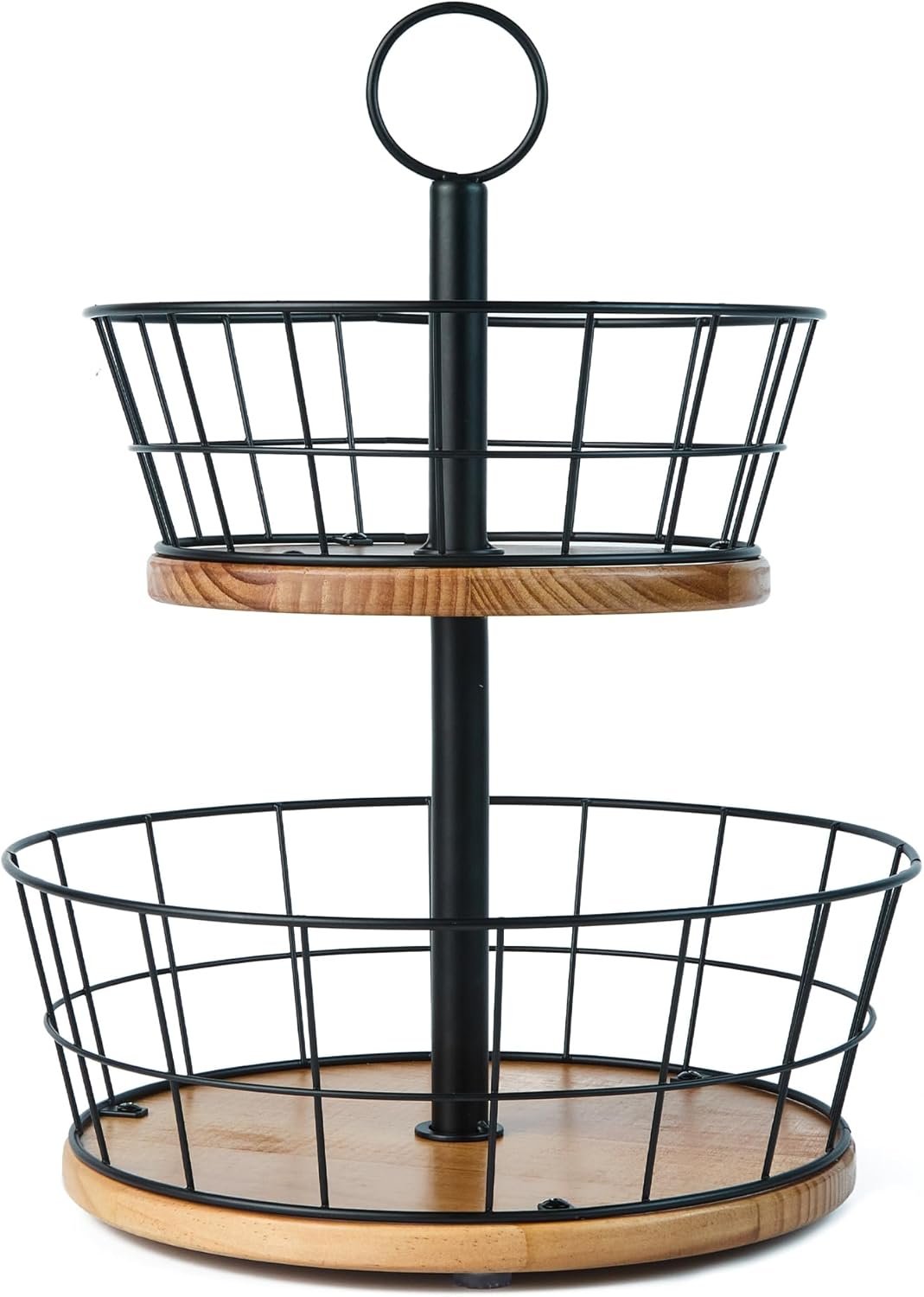 2 Tier Fruit Bowl - Sturdy Iron Wire Fruit Basket with Real Wood Base, 12 Inch Large Fruit Basket for Kitchen Counter, Anti-Slip Silicone Pads, 2 Tier Fruit and Vegetable Storage Solution