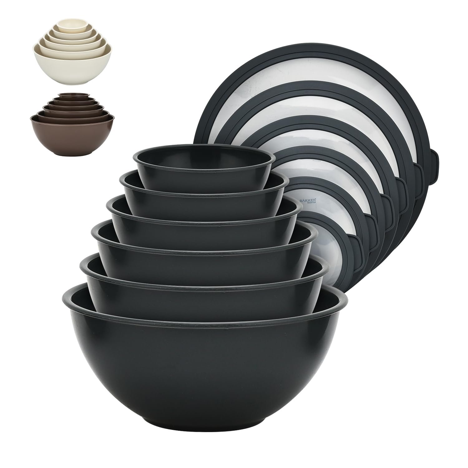 Bakken Master 12 Piece Plastic Nesting Bowls with Lids - Mixing Bowls Set includes 6 Prep Bowls and 6 Lids, BPA-Free, Reusable Meal Prep Containers, Microwave, Freezer & Dishwasher Safe, Gray