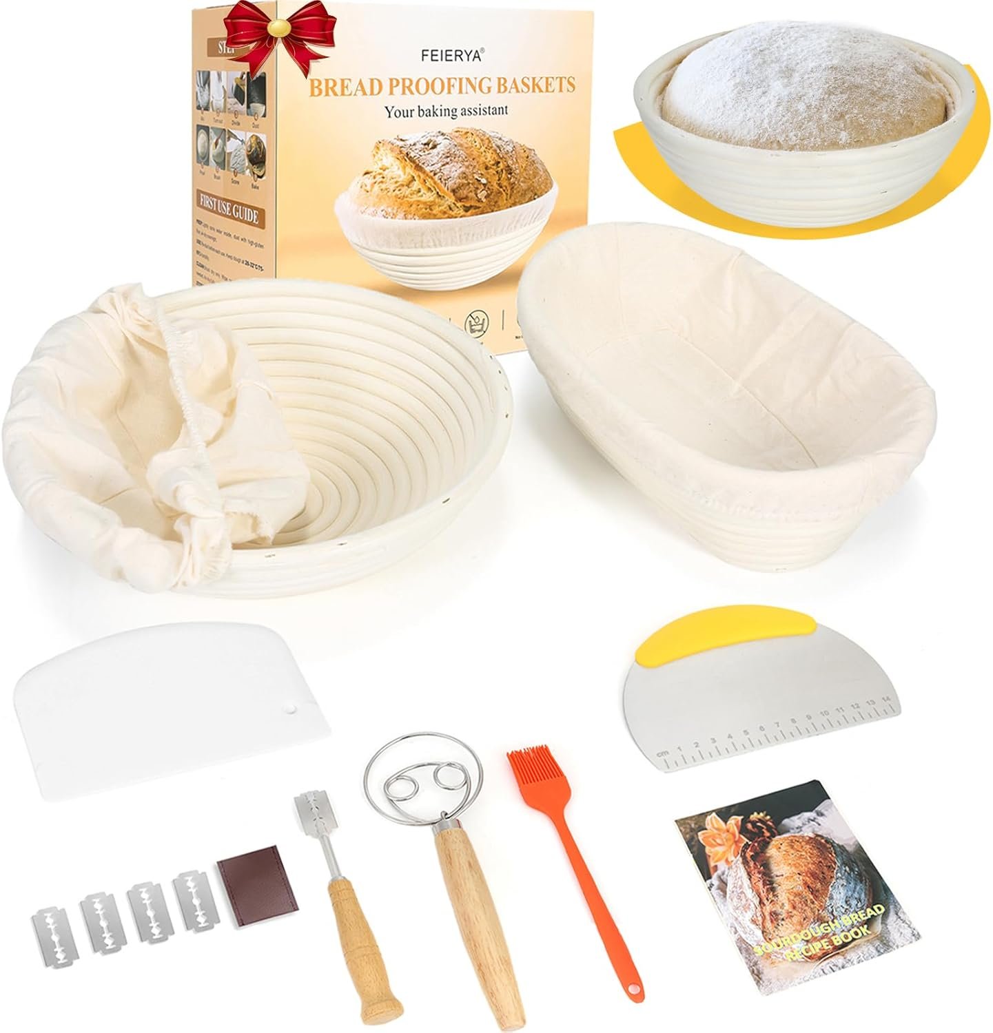 Banneton Bread Proofing Basket Set with Liners,9 Inch Round & 10 Inch Oval Sourdough Baking Kit for Professional & Home Use