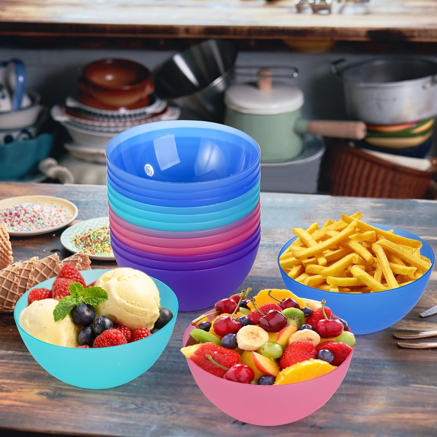 Wholesale 20 Pack 24 Oz 6 Inch Lightweight Plastic Salad Snack Cereal Bowls Set for Pasta Soup Rice Clear 4 Colors Factory