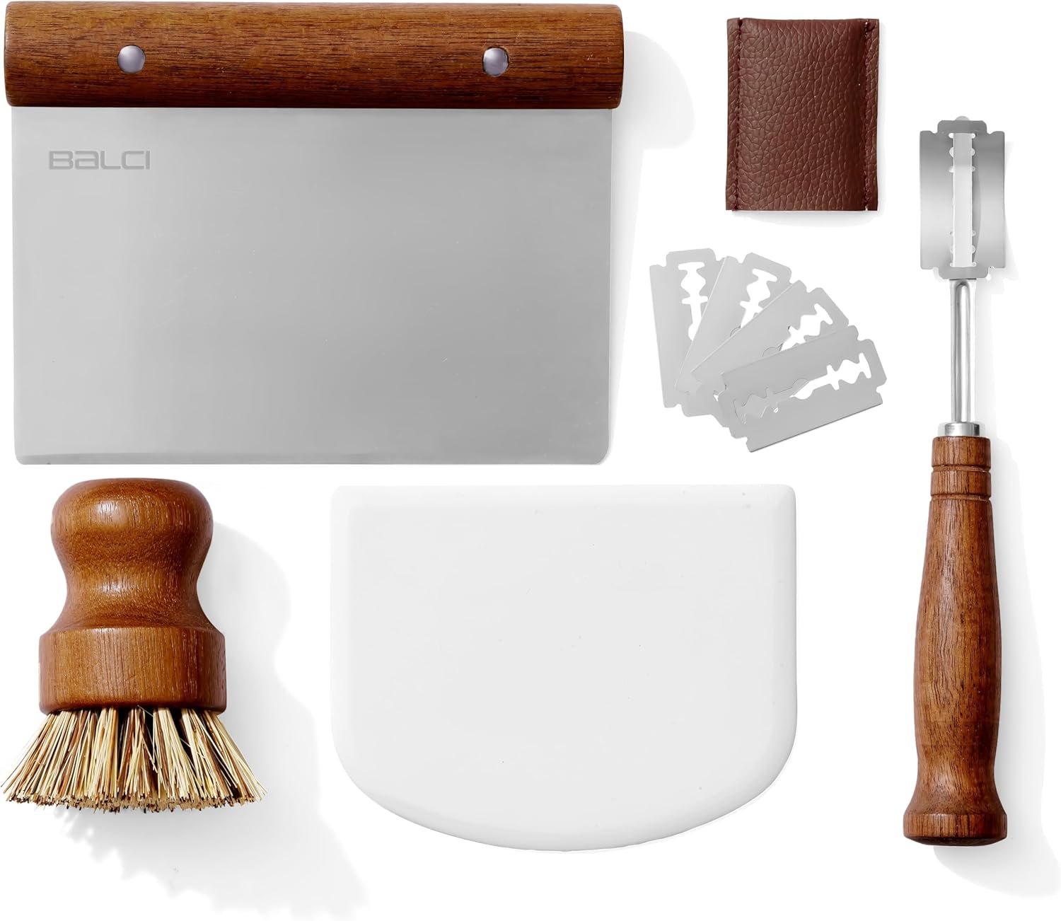 OEM Premium Acacia Wood Bread Proofing Set Sourdough Baking Kit 2 Rattan Banneton Baskets 2 Covers Brush Metal Scraper Plastic Scraper Scoring Lame 5 Blades Case Factory