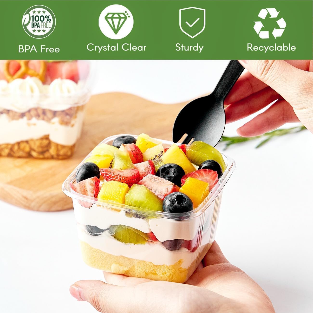 Wholesale 50 Pack 8 oz Square Plastic Parfait Dessert Cups with Lids Sporks for Pudding Yogurt Fruit Mousse Trifle Ice Cream Factory