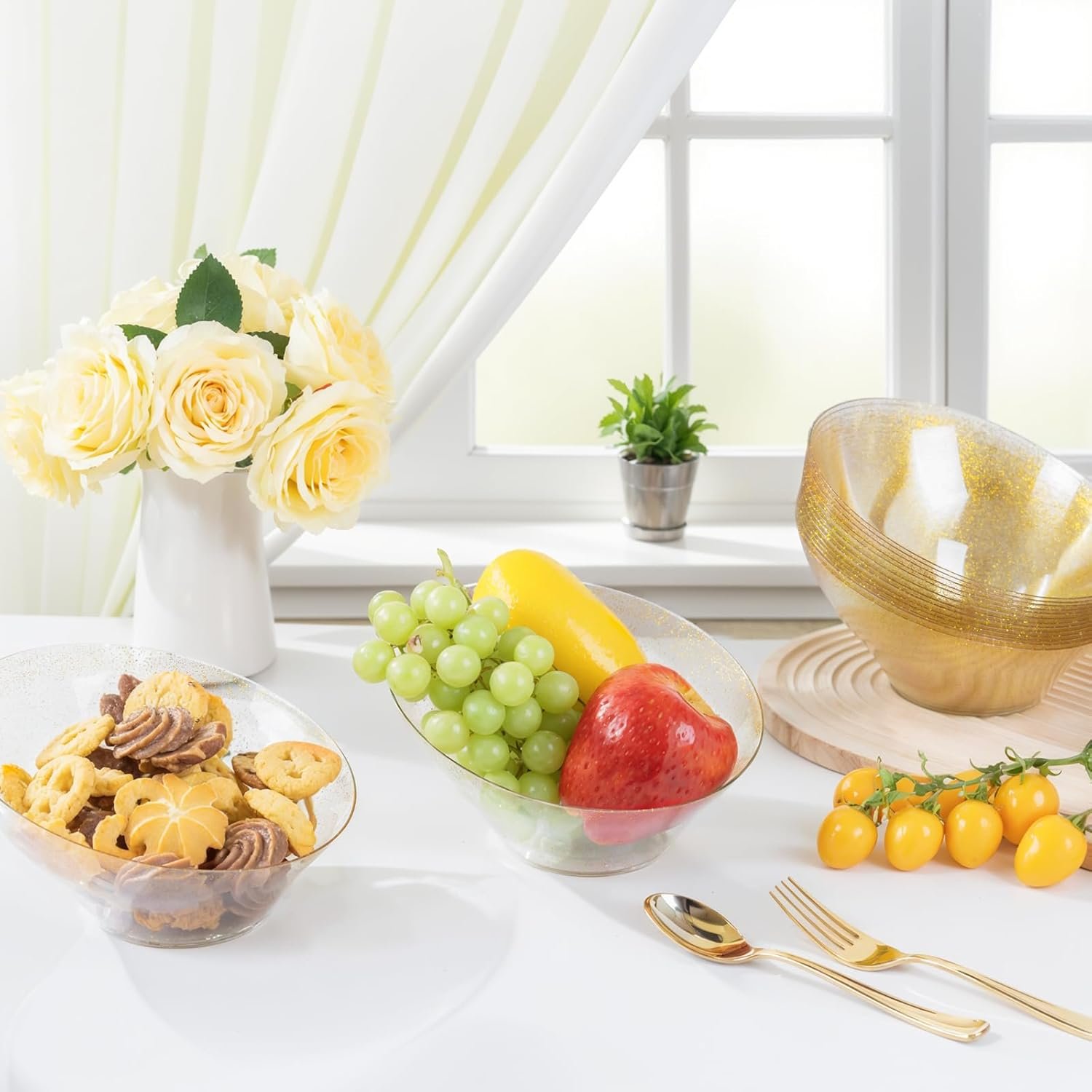 Wholesale 12 Pack 20 OZ Gold Glitter Plastic Disposable Angled Serving Bowls for Snacks Fruit Chips Candy Party Thanksgiving Factory