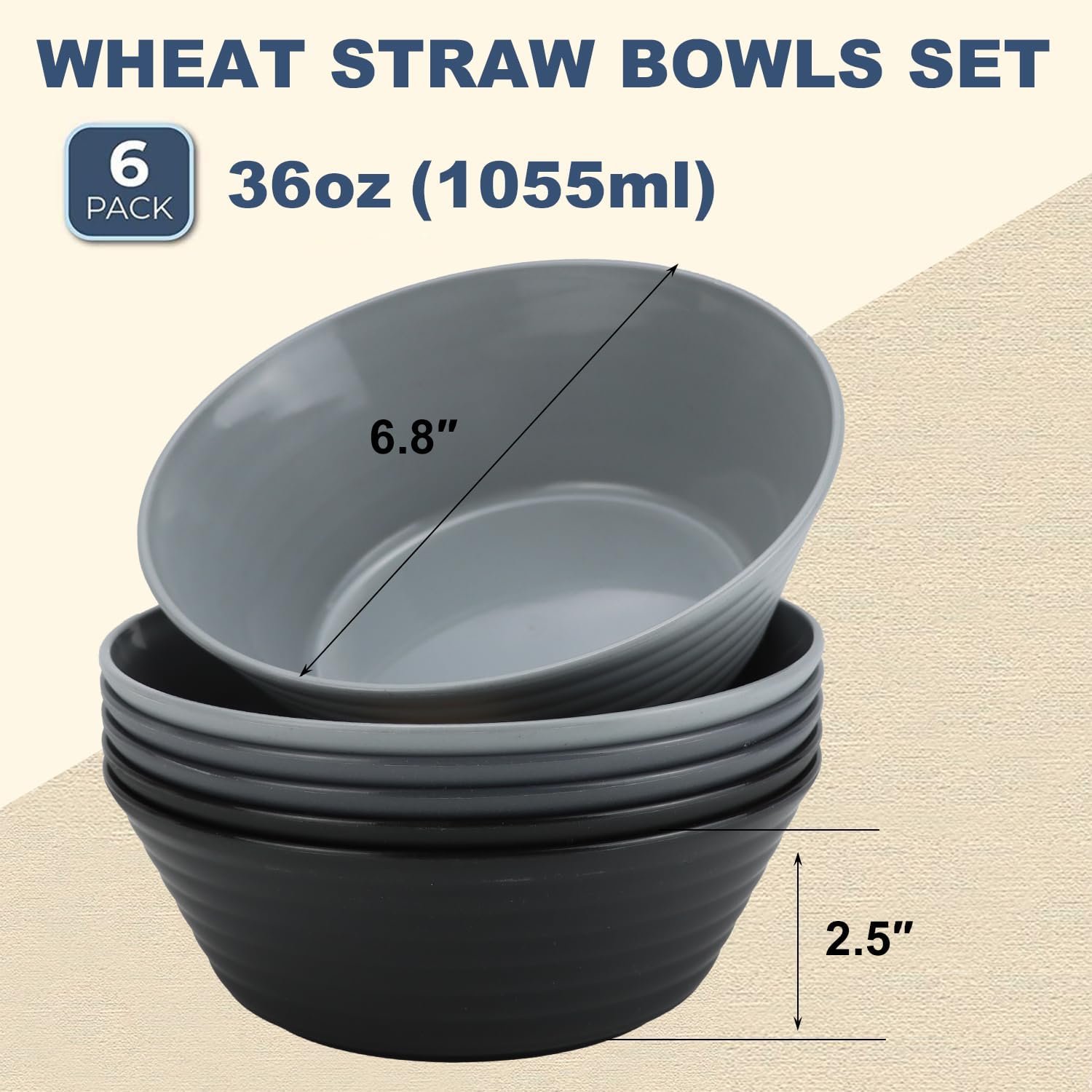Wholesale Wheat Straw Bowl Sets 6 PCS Unbreakable 36 OZ Cereal and Salad Bowls Microwave Dishwasher Safe for Camping RV Apartment Dorm Party Black Grey Factory
