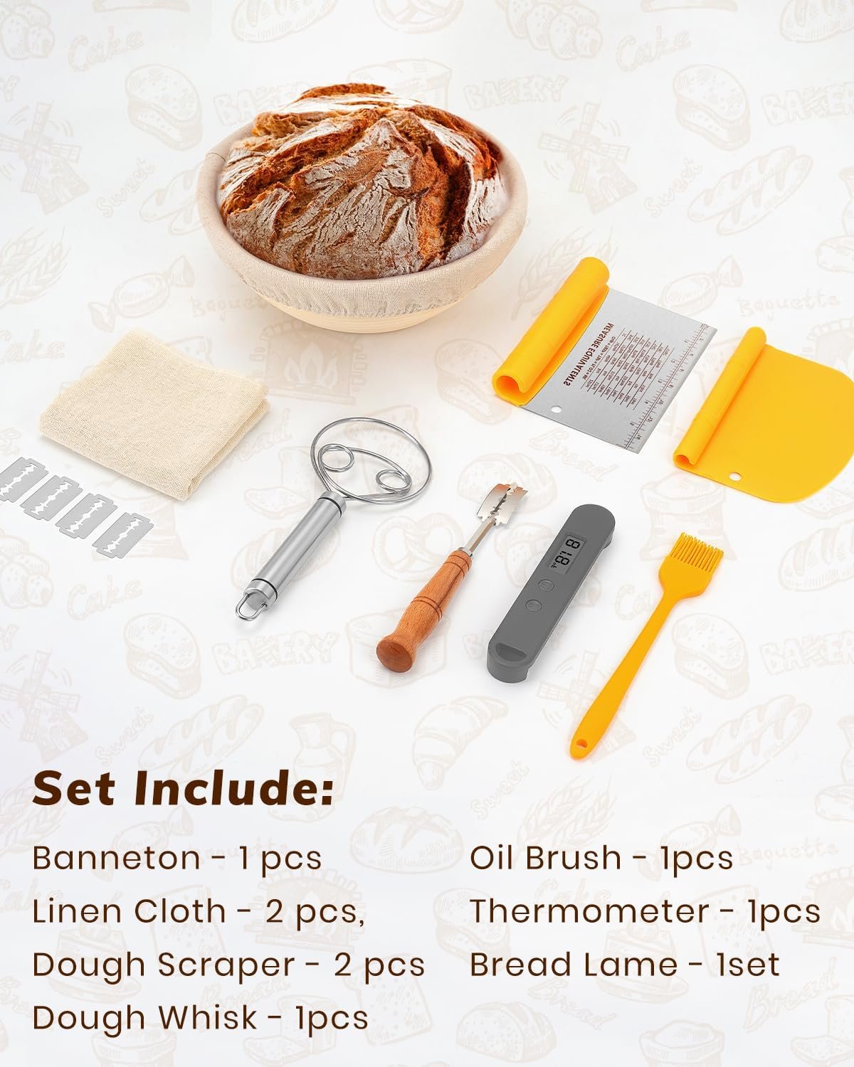 OEM Banneton Proofing Basket Sourdough Starter Kit 9-Inch Round Bread Baking Supplies with Thermometer Spatula Scraper Dough Whisk Factory