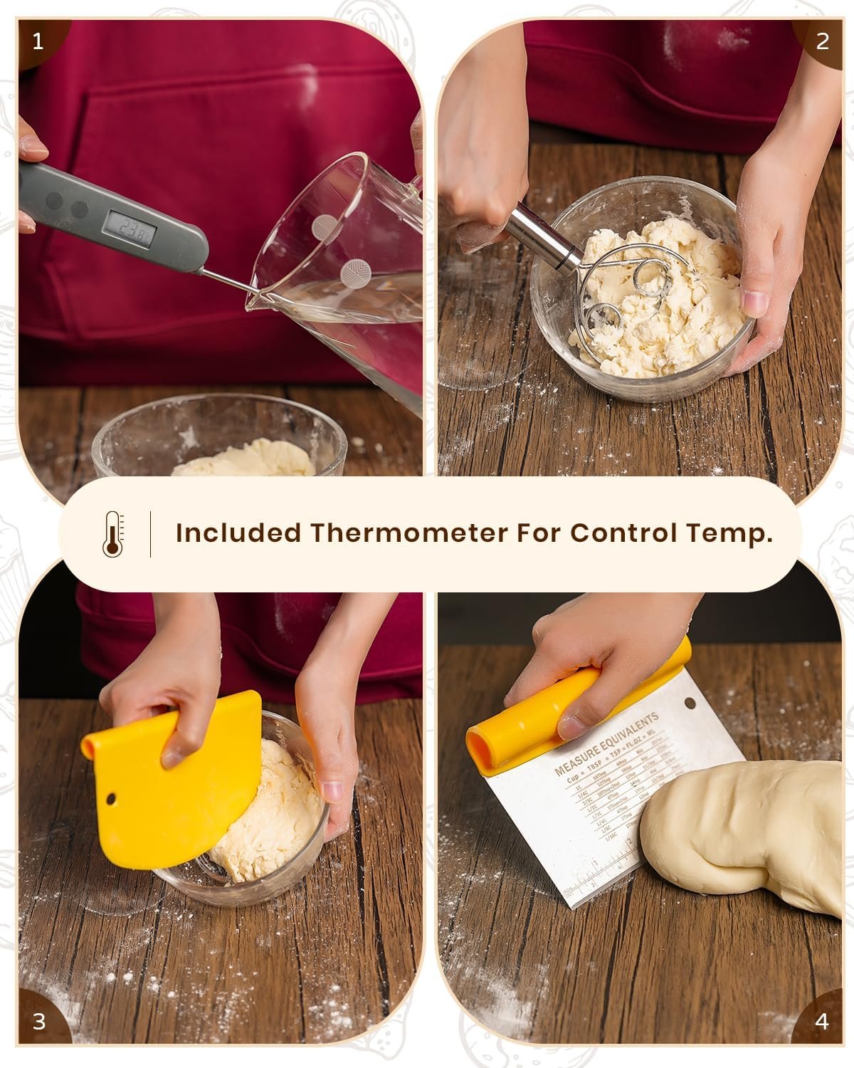 OEM Banneton Proofing Basket Sourdough Starter Kit 9-Inch Round Bread Baking Supplies with Thermometer Spatula Scraper Dough Whisk Factory