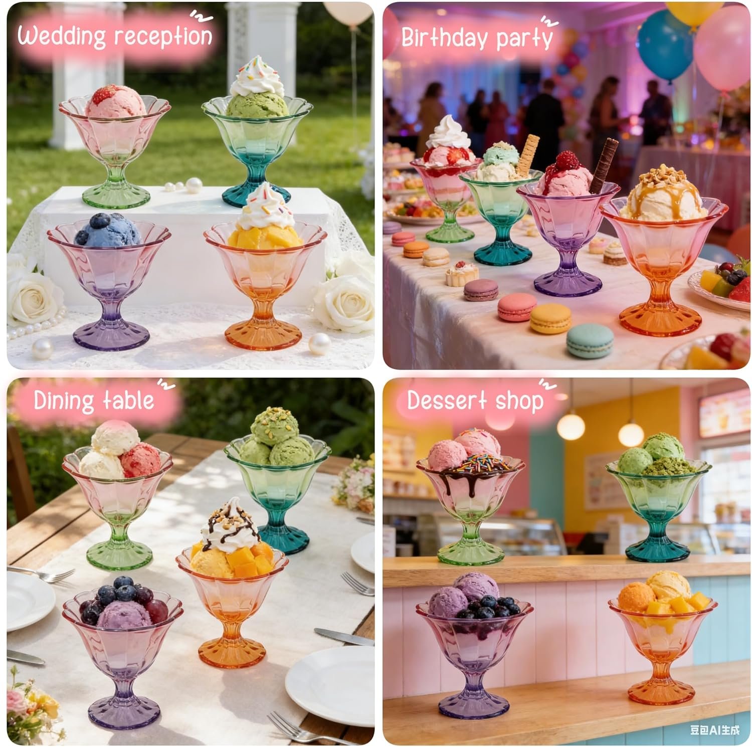 Wholesale 10 Oz Glass Dessert Bowls Set of 4 Footed Ice Cream Cups in Light Pink Green Clear for Sundae Candy Fruit Snacks Pudding Factory