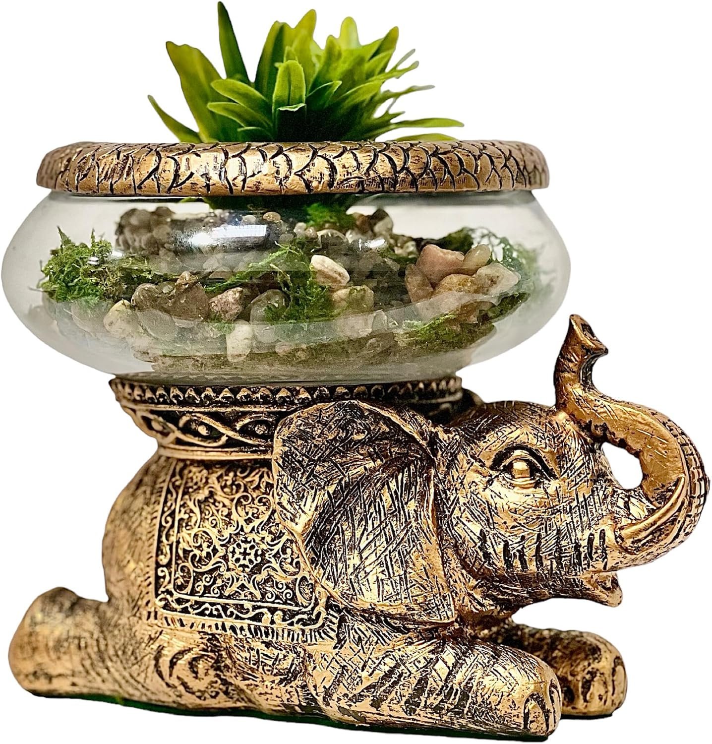 Good Luck Elephant Glass Bowl – Gold Antiqued Decorative Figurine with Removable Glass Bowl – Terrarium, Candle Holder, or Tabletop Aquarium – Polyresin Home Décor with Gift Box