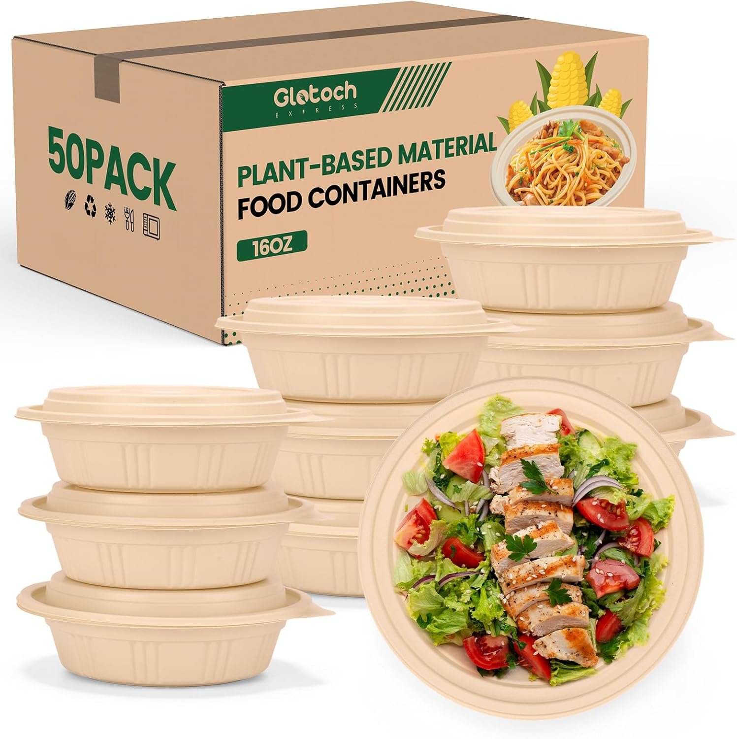 Wholesale 100 Piece (50 Pack) 16 oz Round Cornstarch Meal Prep Bowl Containers with Lids for Lunch Salad Deli Soup BPA Free Plant-Based Take Out Microwave Freezer Safe Factory