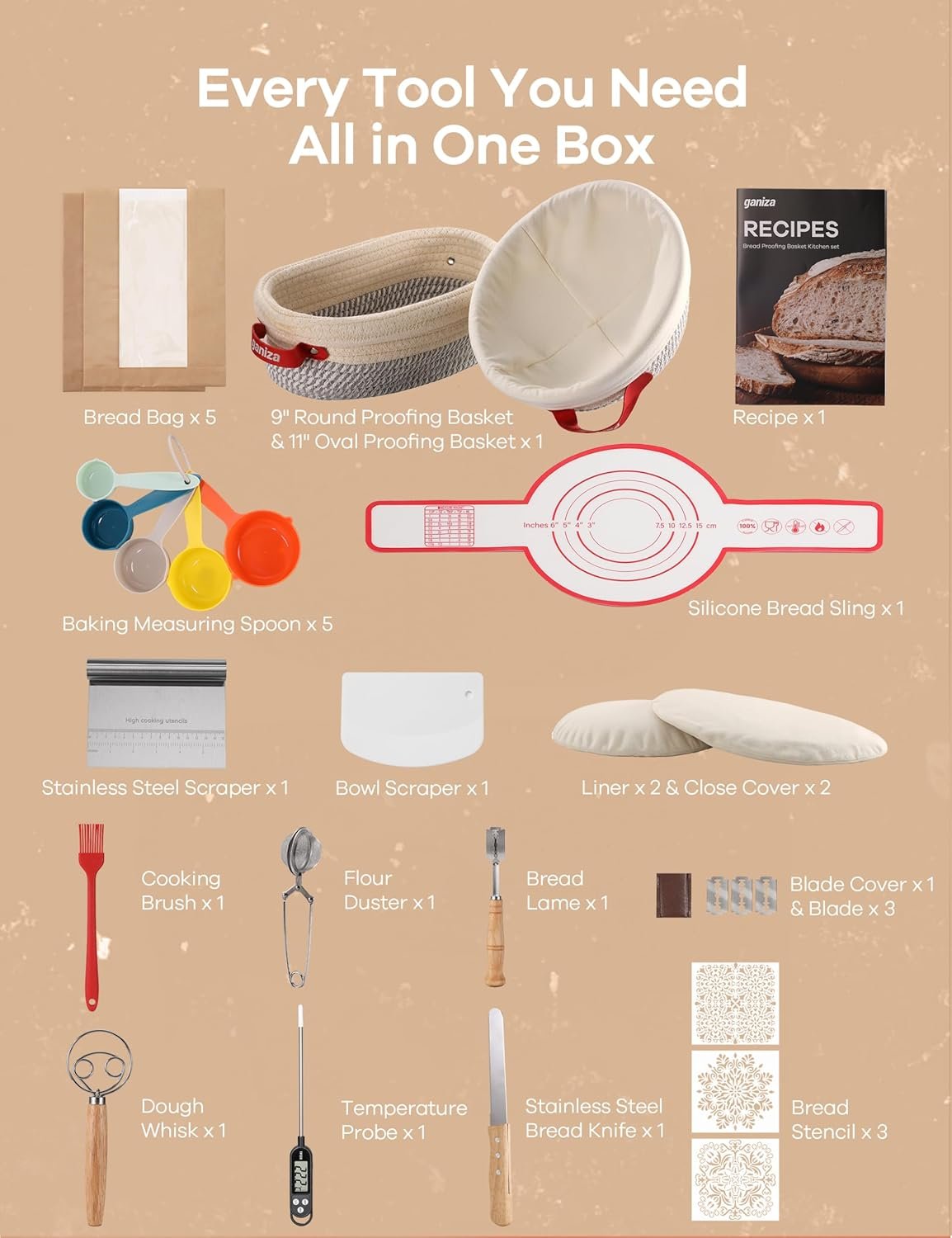 OEM Sourdough Starter Kit Cotton Rope Bread Baking Supplies 9-Inch Round and 10-Inch Oval Banneton Baskets with Liners Covers Proofing Basket Gifts for Bakers Women Wife Mom Factory