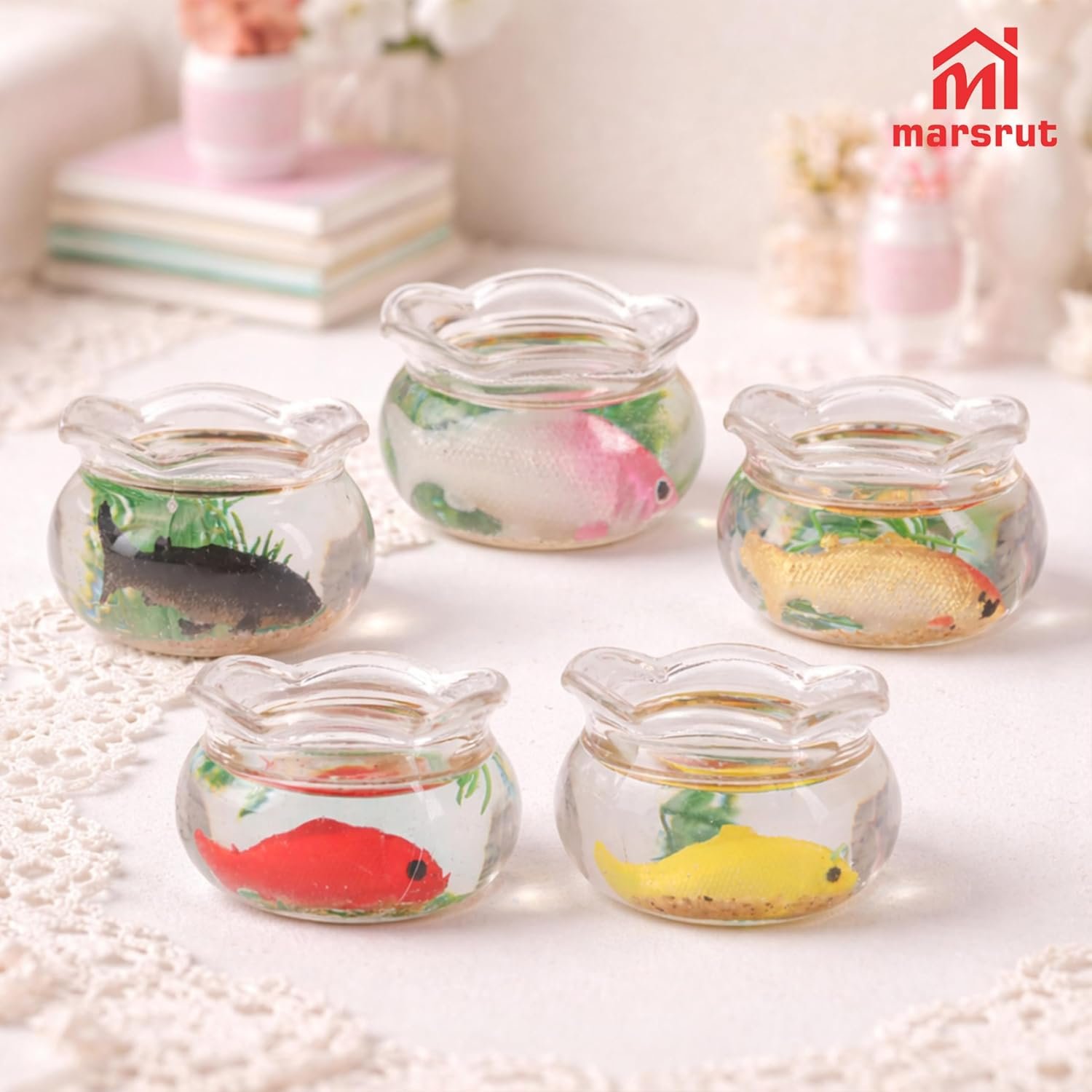 Wholesale 5Pcs 1:12 Scale Miniature Fish Bowls for Dollhouse with Tiny Fish Grass Realistic Glass Jar Accessories DIY Crafts Landscape Decoration Cupcake Toppers Factory