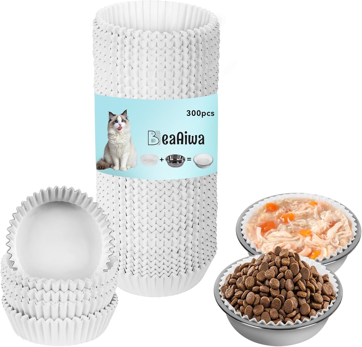 Wholesale Bulk Disposable Cat Bowls Set 300 PCS Liners + 2 PCS Stainless Steel Bowls for Small Cats Dogs Puppies Kittens White Paper for Dry Wet Food Factory