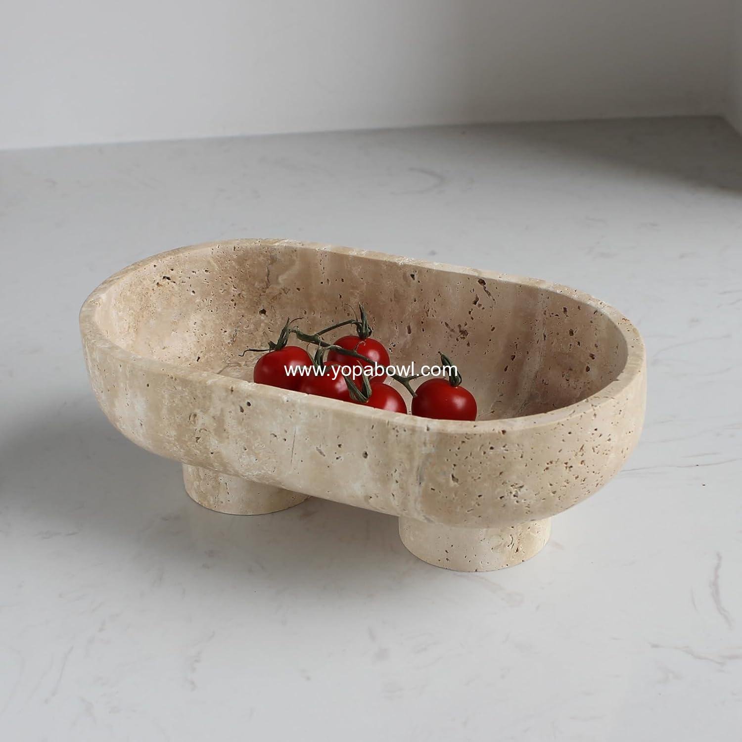 OEM 10-Inch Natural Oval Travertine Fruit Bowl Large Two-Legged Decorative Holder Kitchen Counter Dining Table Home Organization Factory