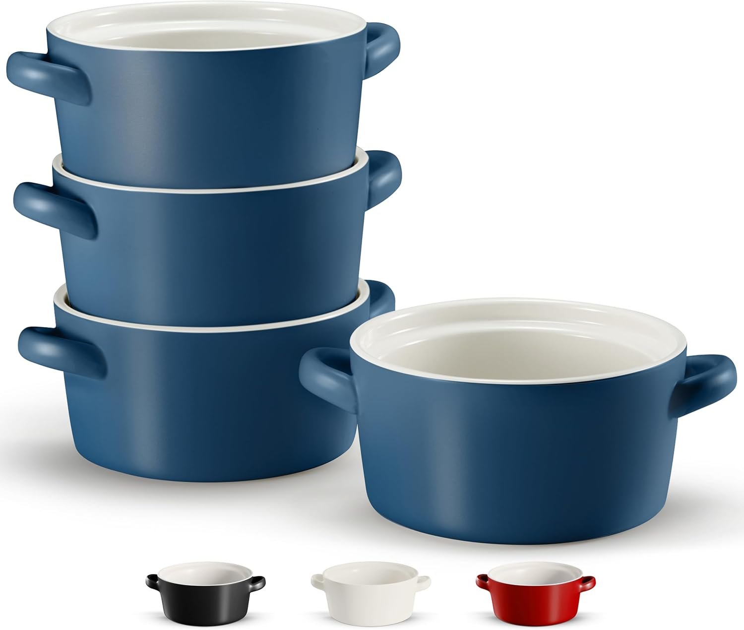 OEM 18 oz Ceramic Stackable Soup Bowls with Handles Set of 4 Matte Blue Oven Microwave Dishwasher Broil Safe Manufacturer OEM 18 oz Ceramic Stackable Soup Bowls with Handles Set of 4 Matte Blue Oven Microwave Dishwasher Broil Safe Manufacturer