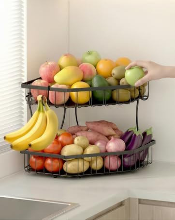 OEM 2-Tier Detachable Metal Fruit Basket with Dual Banana Hangers Wooden Handle for Kitchen Counter Storage Large Capacity Stand Fruits Veggies Bread Factory