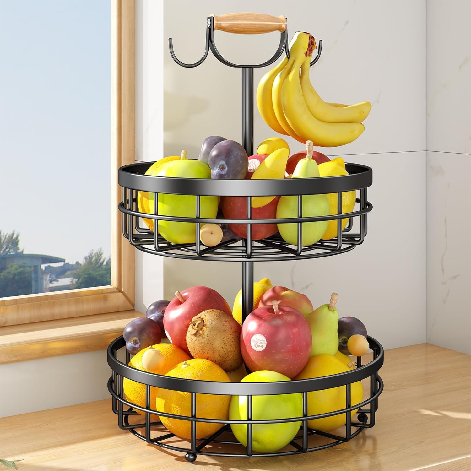 OEM 2-Tier Metal Wire Fruit Vegetable Storage Basket with Banana Hangers and Wooden Lift Handle for Kitchen Countertop Bread Onions Potatoes Black Factory