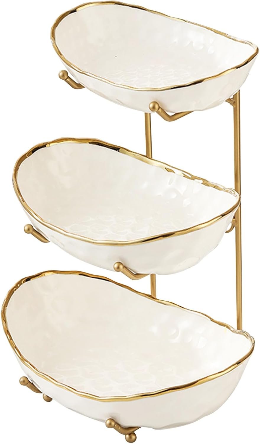 OEM 3-Tier White Ceramic Fruit Bowl with Gold Metal Stand Modern Rack for Kitchen Counter Tiered Basket Snacks Bread Candy Storage Factory