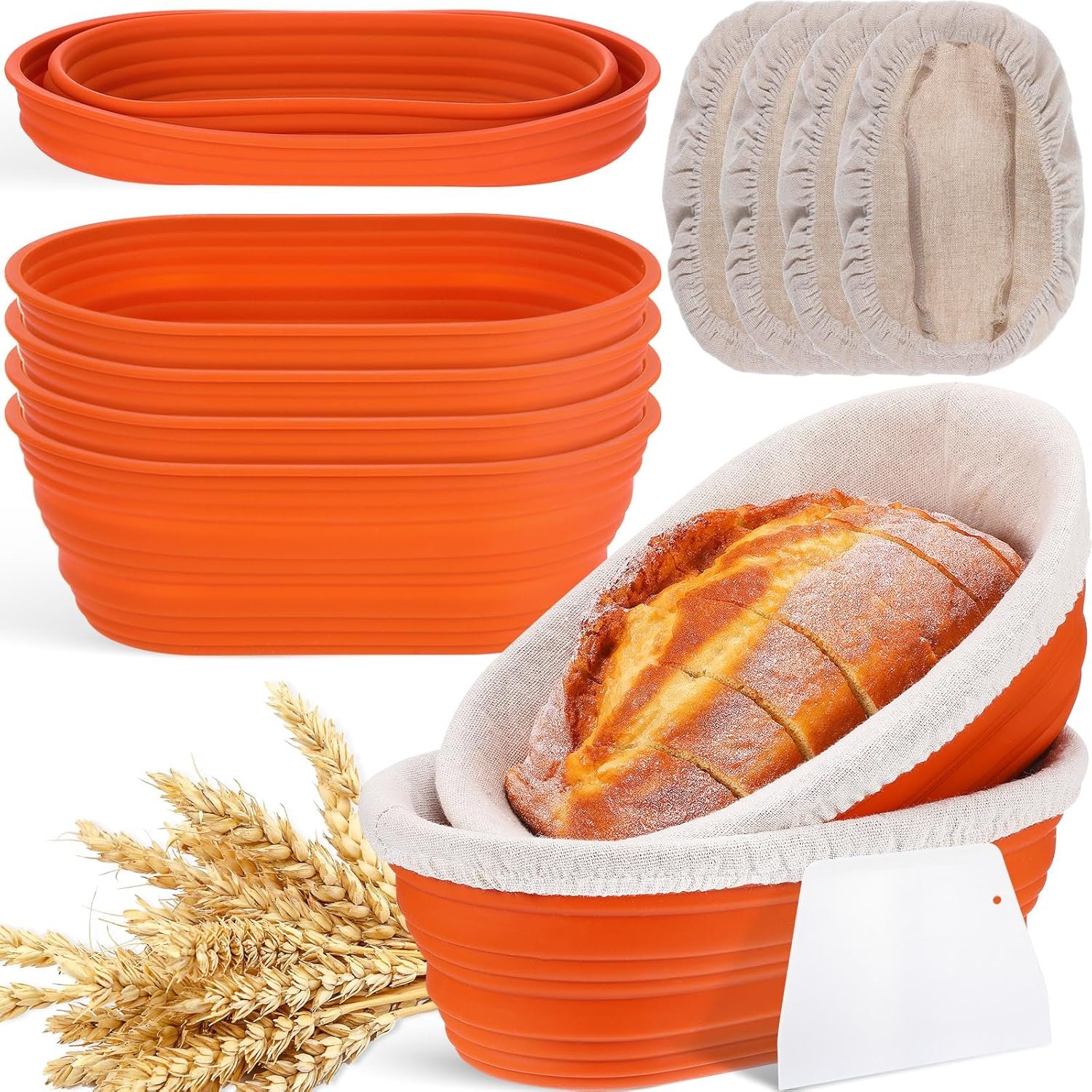 OEM 4-Pack 10-Inch Oval Silicone Collapsible Sourdough Proofing Baskets Dough Bowls with Scrapers Lids Orange Factory