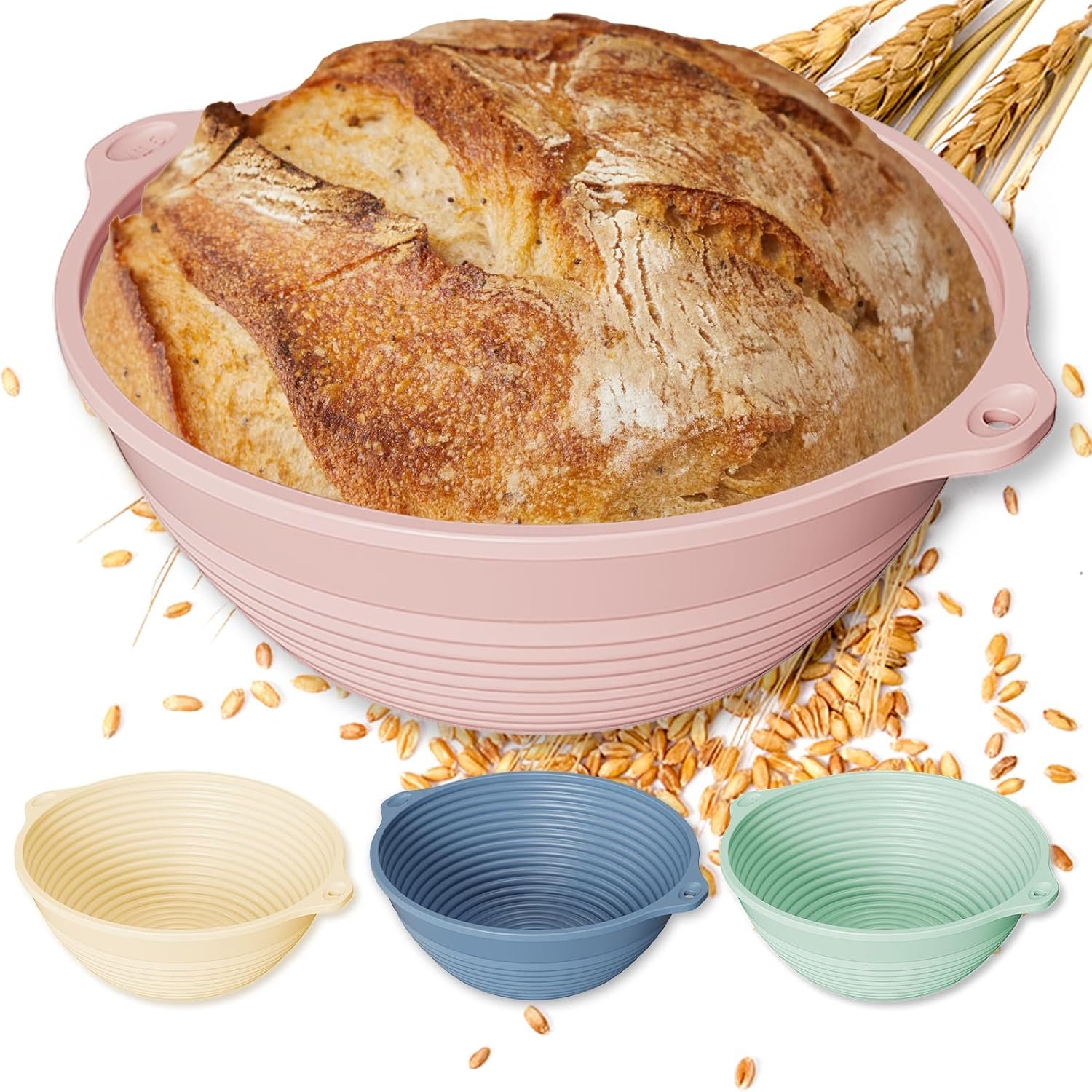 OEM 4 Pcs Upgraded 9 Inch Silicone Sourdough Proofing Baskets with Handles Reinforced Rim Foldable for Bread Baking Oven Dishwasher Safe BPA Free in Green Beige Pink Blue Factory
