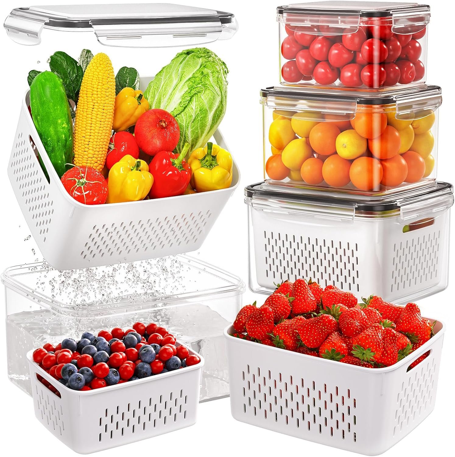 OEM 4-Piece Produce Storage Containers for Fridge with Removable Colander All-in-One Washing Bowl Strainer Microwave Dishwasher Safe for Berries Salad Lettuce Keeper Factory