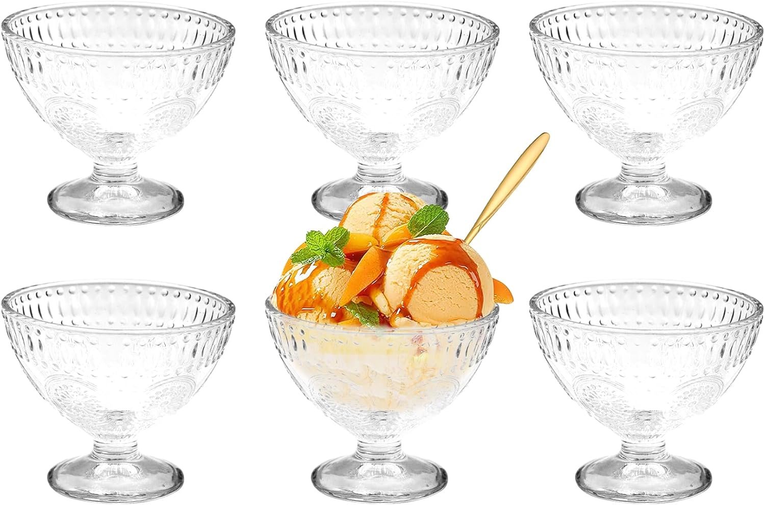 OEM 6-Piece 7.44oz Footed Glass Dessert Bowls with Spoons Embossed Trifle Dishes for Ice Cream Sundaes Fruit Salads Elegant Reusable Serving for Parties Weddings Home Decor Factory