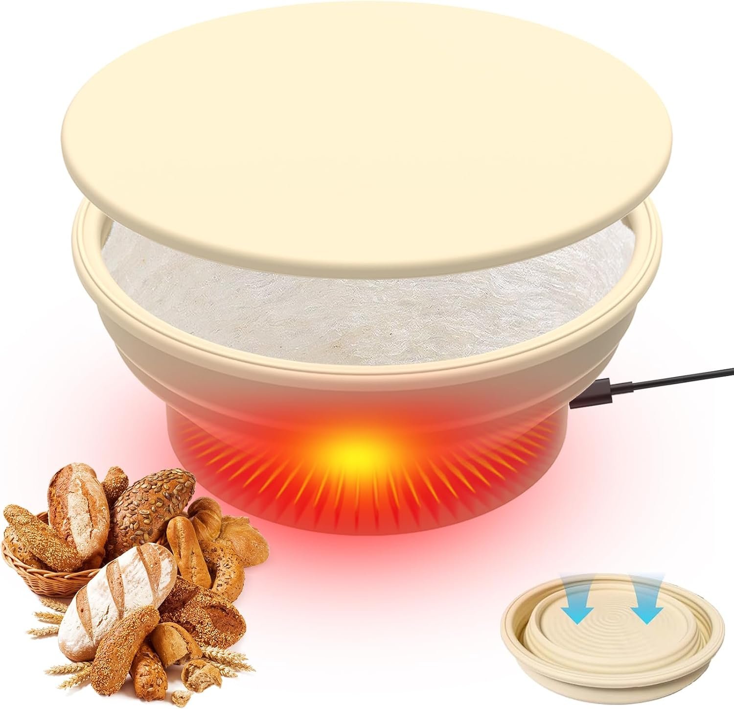 OEM 9-Inch Heated Banneton Bread Proofing Basket Foldable Silicone Sourdough Fermentation Bowl Graphene Warmer Lid 4 Adjustable Temperature Levels Non-Stick Surface Factory