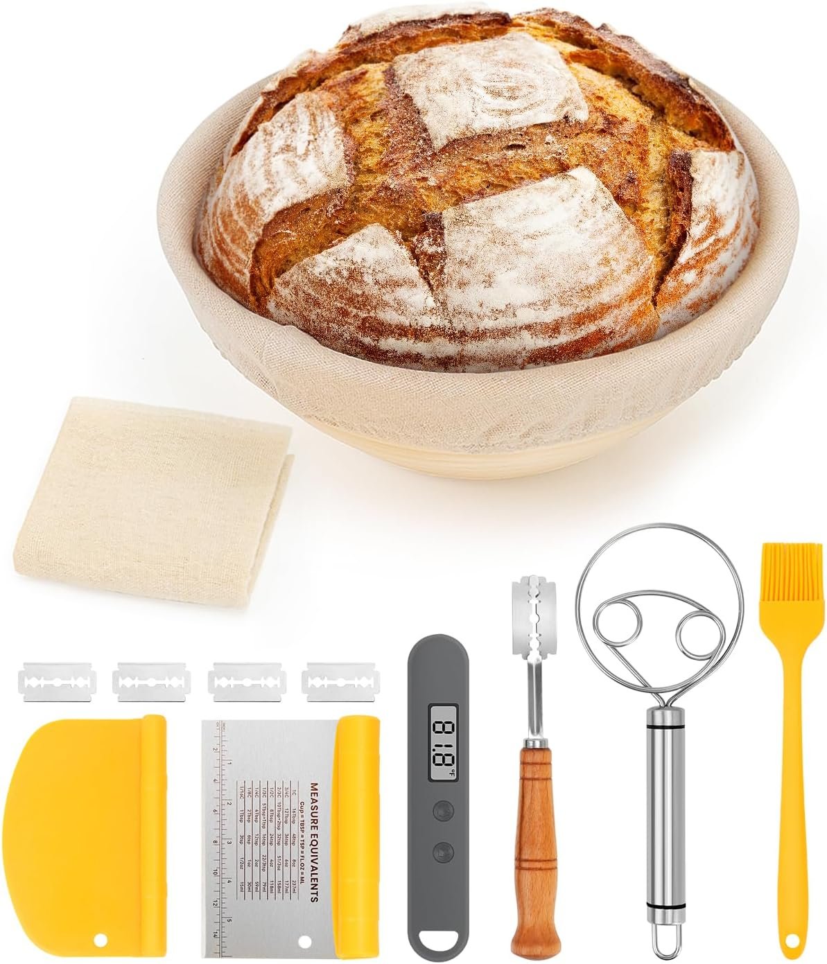 OEM Banneton Proofing Basket Sourdough Starter Kit 9-Inch Round Bread Baking Supplies with Thermometer Spatula Scraper Dough Whisk Factory