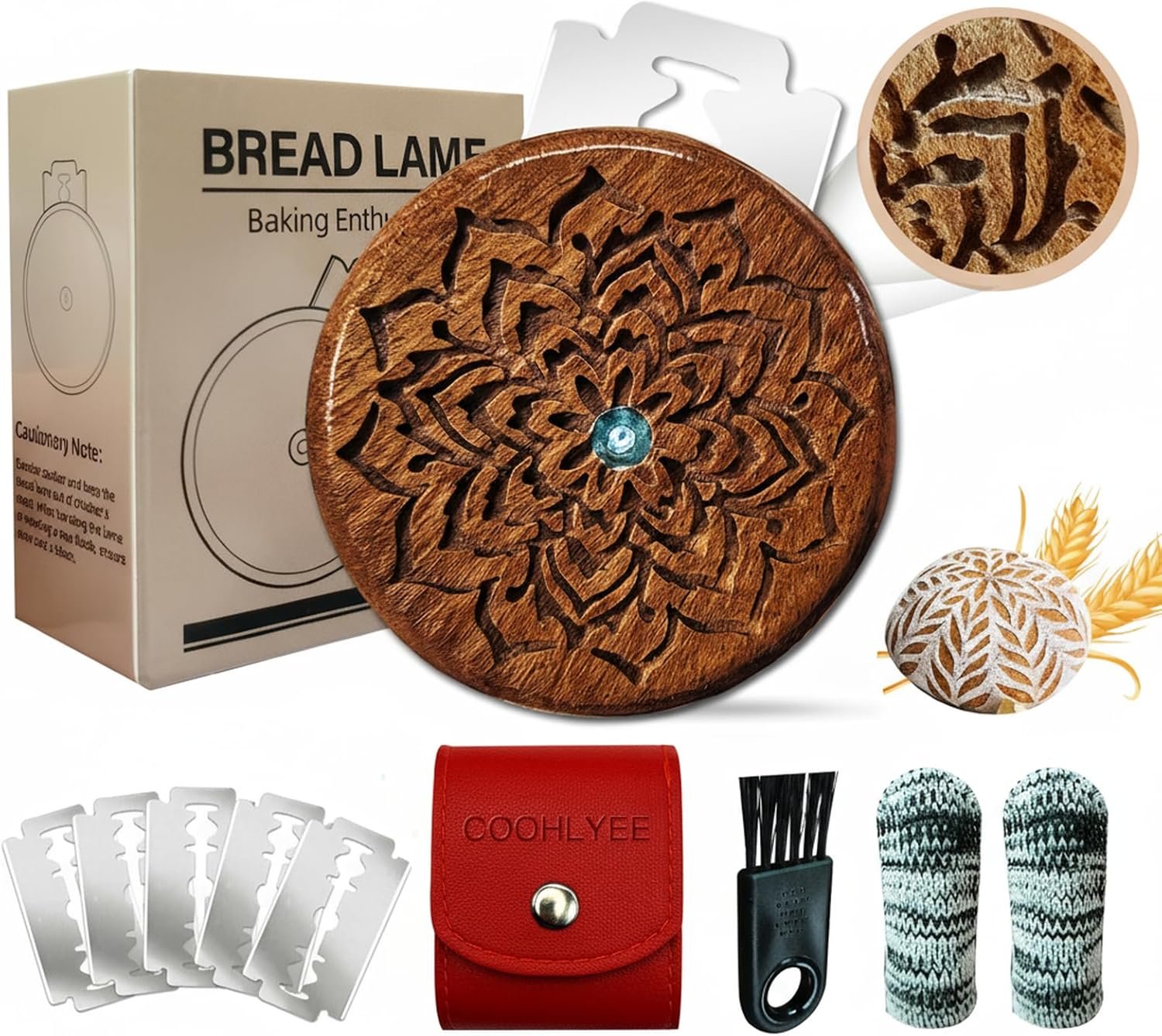 OEM Bread Lame Sourdough Scoring Tool for Dough Baking Wooden Handle with 5 Razor Blades Leather Storage Cover Finger Sleeves and Cleaning Kit Factory
